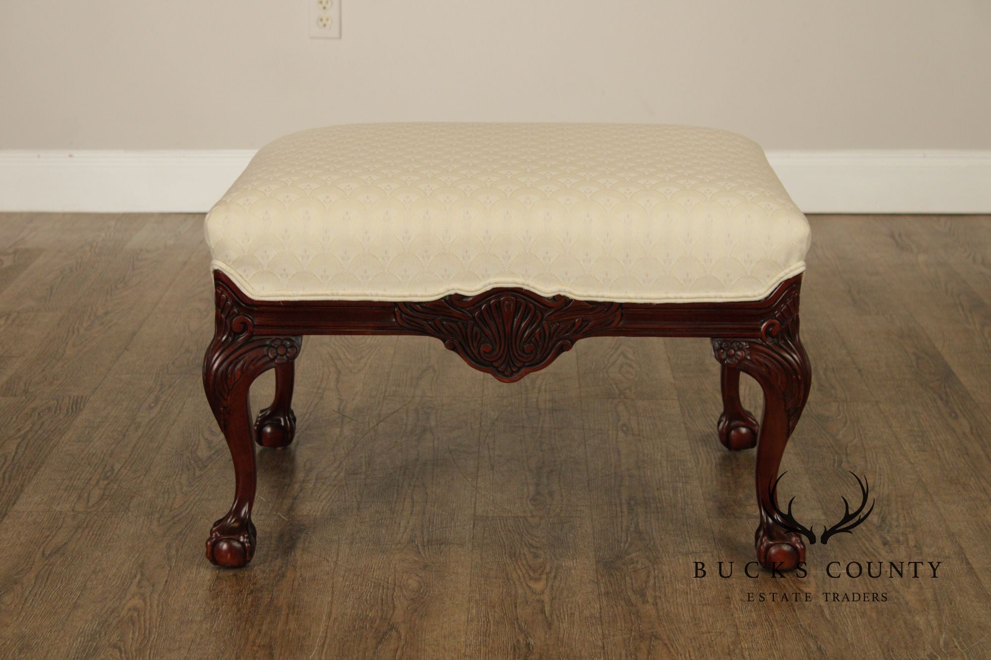 Thomasville Pair Of Chippendale Style Mahogany Upholstered Ottomans