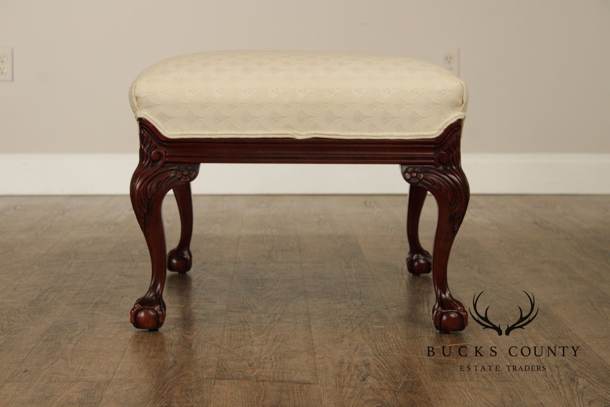 Thomasville Pair Of Chippendale Style Mahogany Upholstered Ottomans