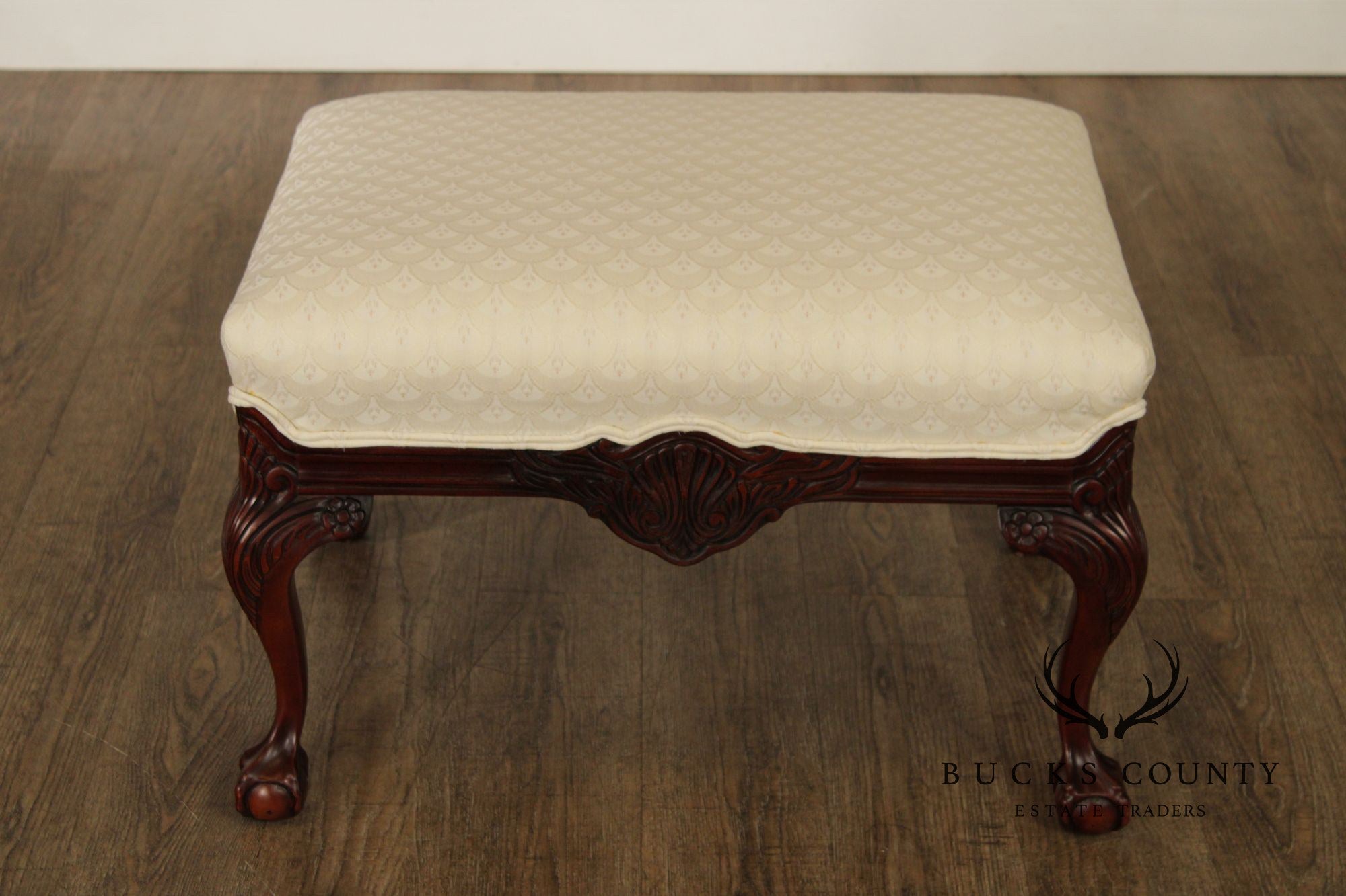 Thomasville Pair Of Chippendale Style Mahogany Upholstered Ottomans