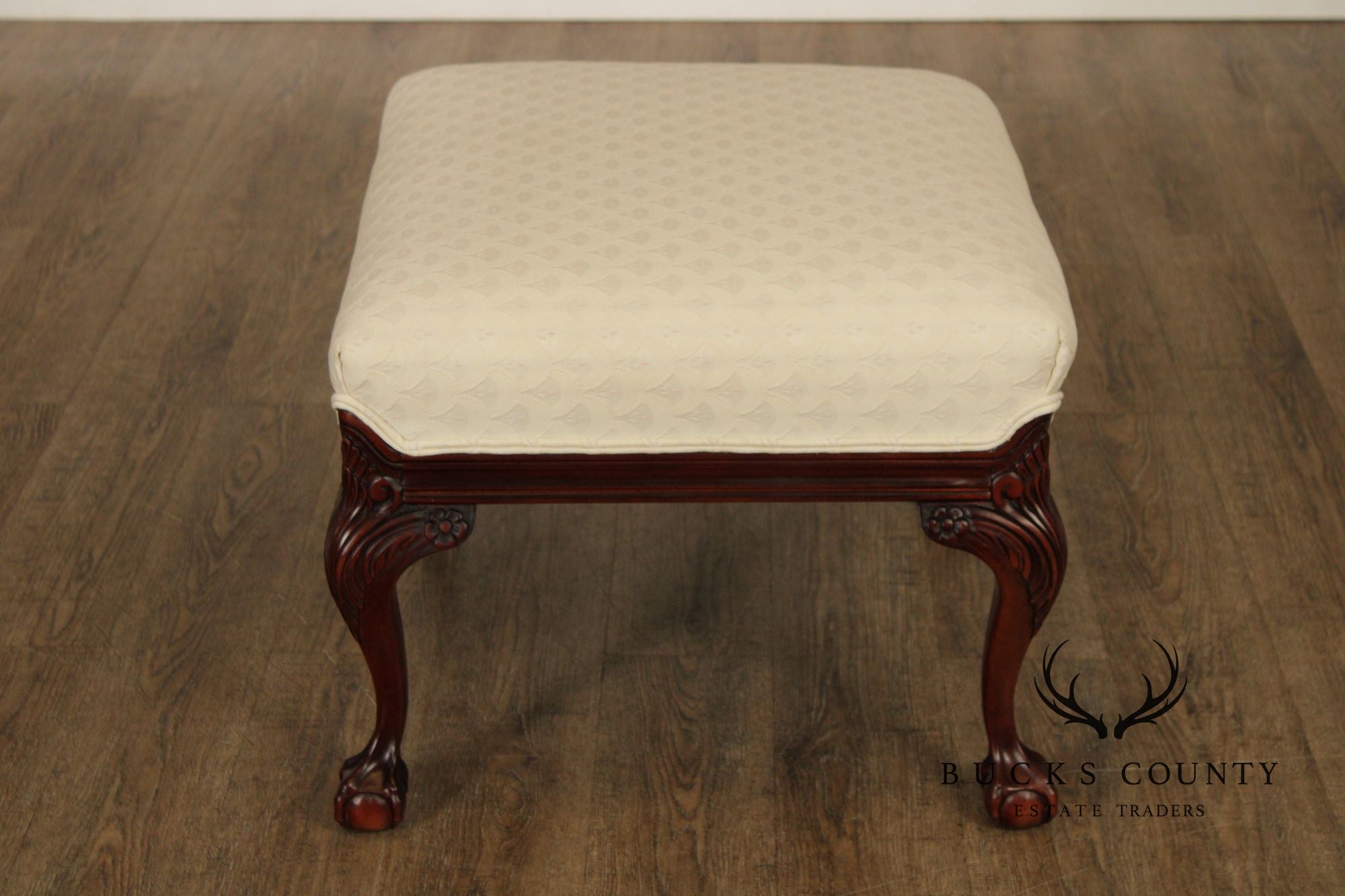 Thomasville Pair Of Chippendale Style Mahogany Upholstered Ottomans