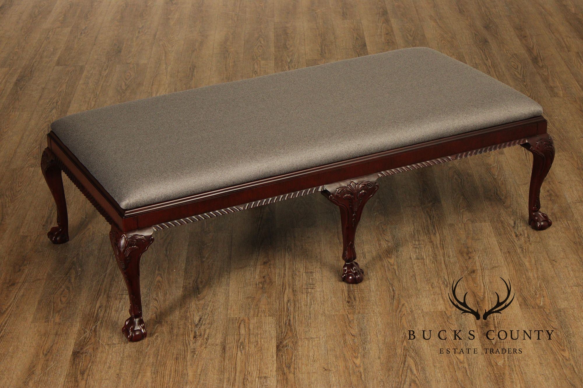 Baker Stately Homes Georgian Style Carved Mahogany Upholstered Bench