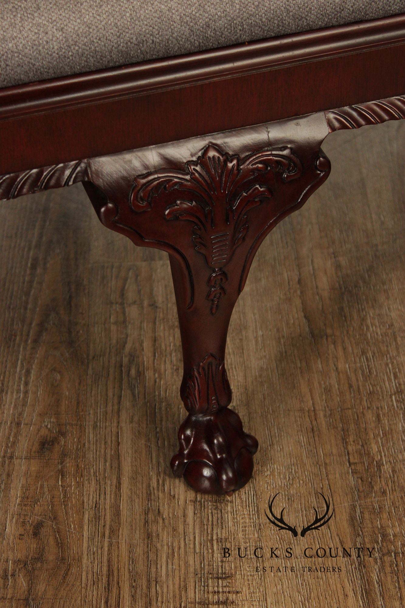 Baker Stately Homes Georgian Style Carved Mahogany Upholstered Bench