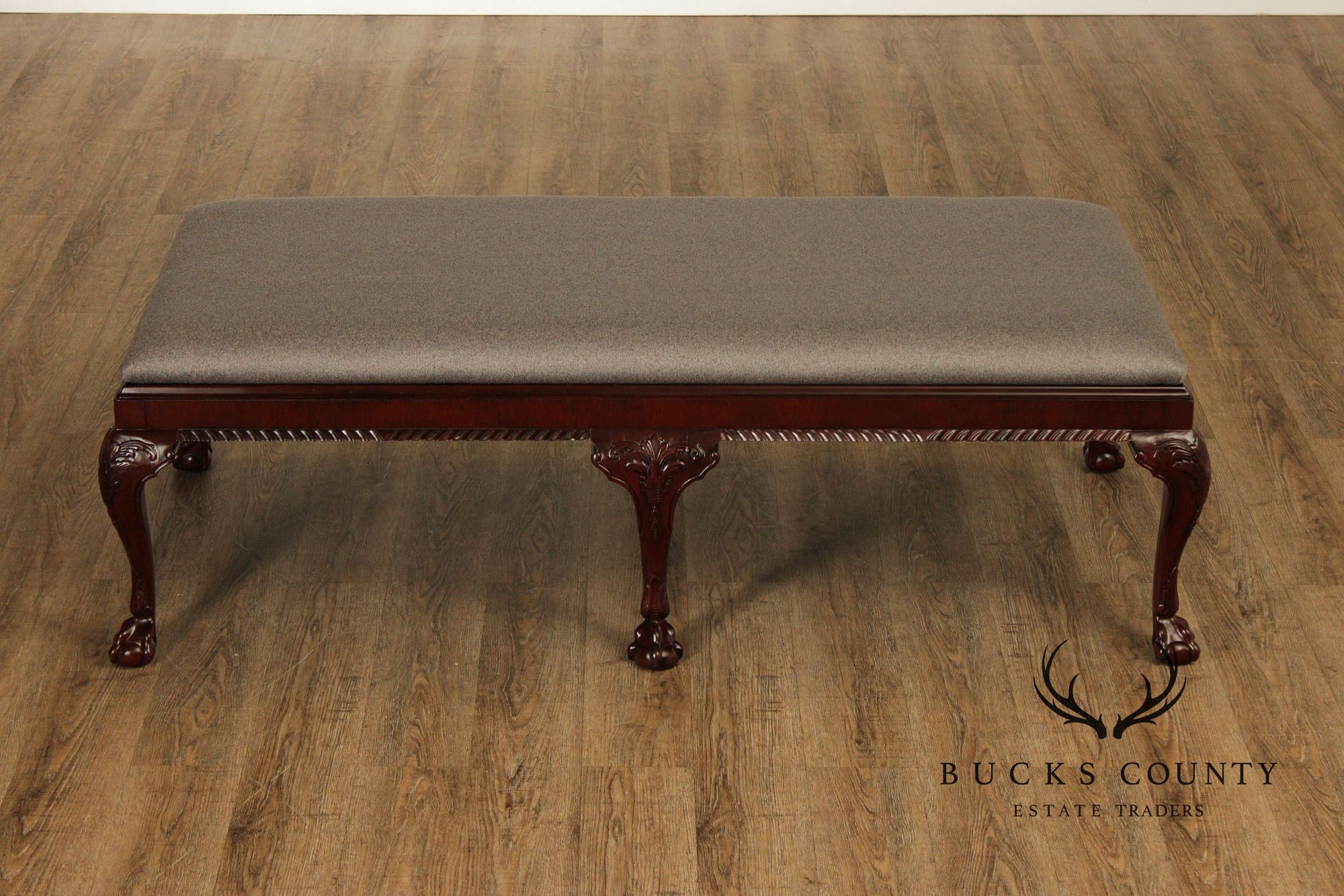 Baker Stately Homes Georgian Style Carved Mahogany Upholstered Bench