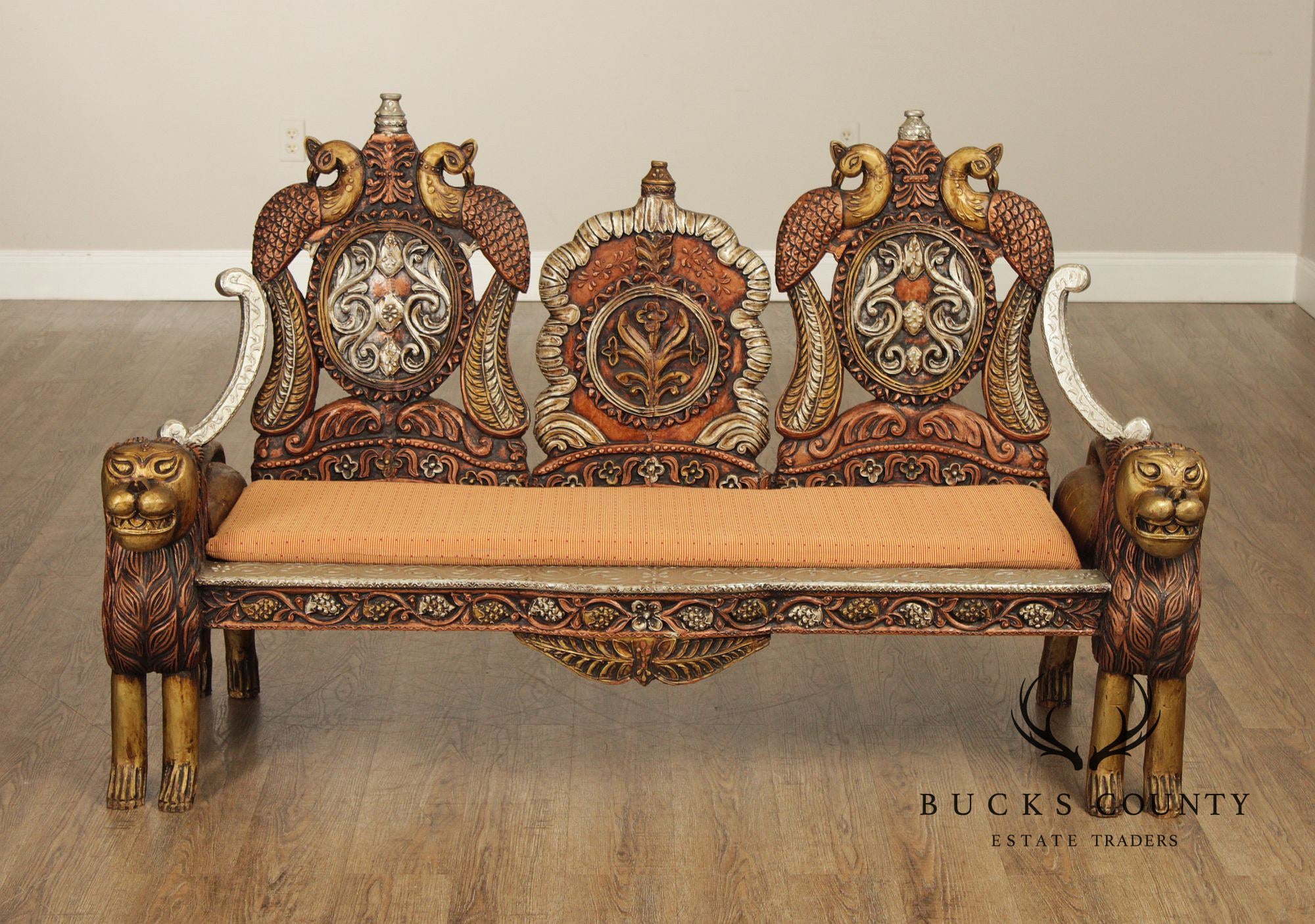 Hand Carved Painted And Gilt Lion And Peacock Motif Settee