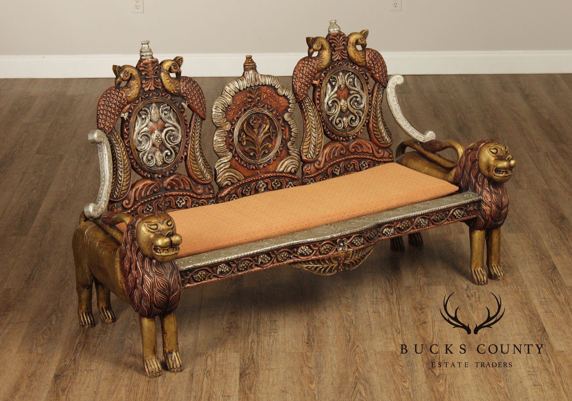 Hand Carved Painted And Gilt Lion And Peacock Motif Settee