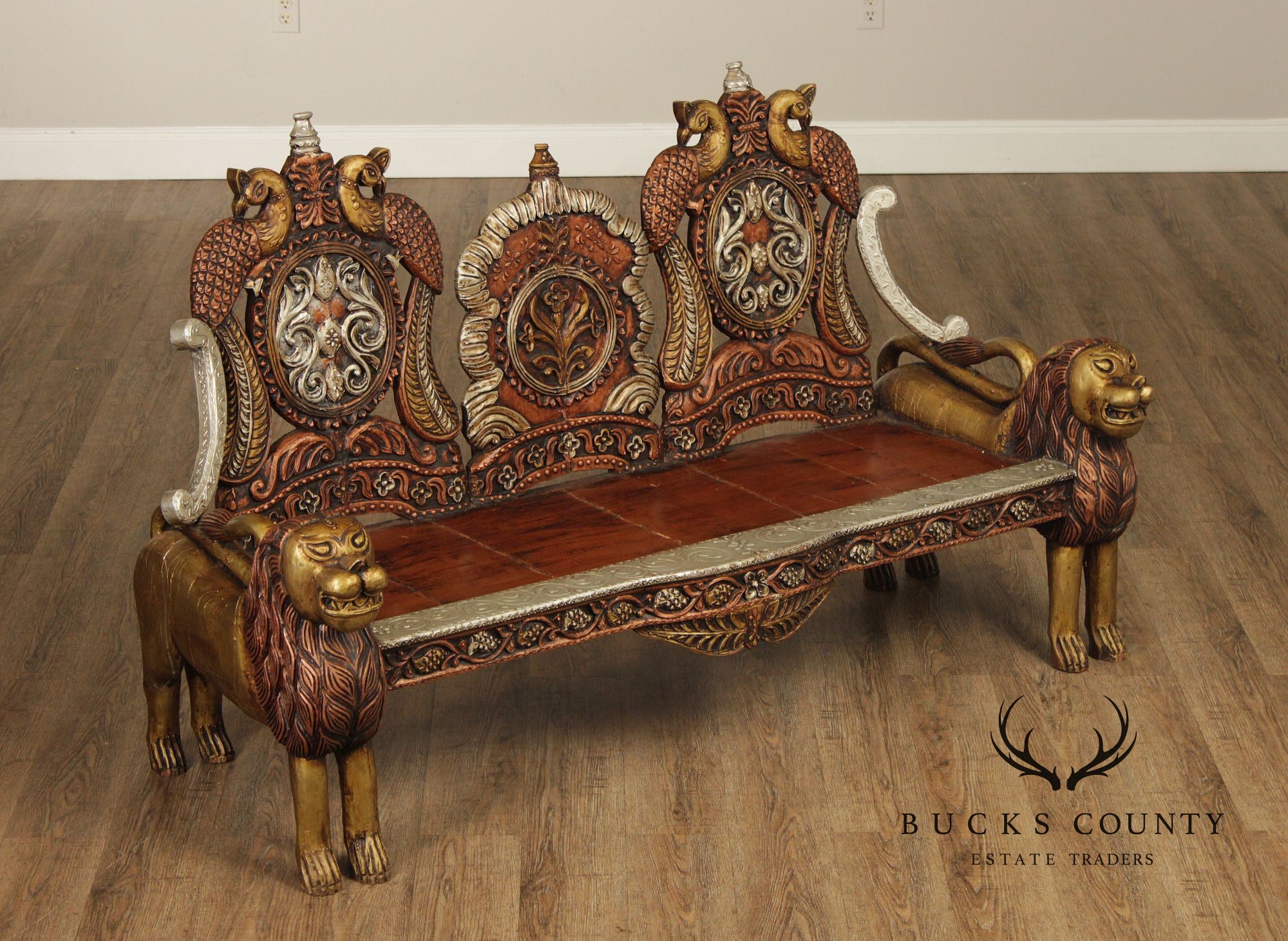 Hand Carved Painted And Gilt Lion And Peacock Motif Settee