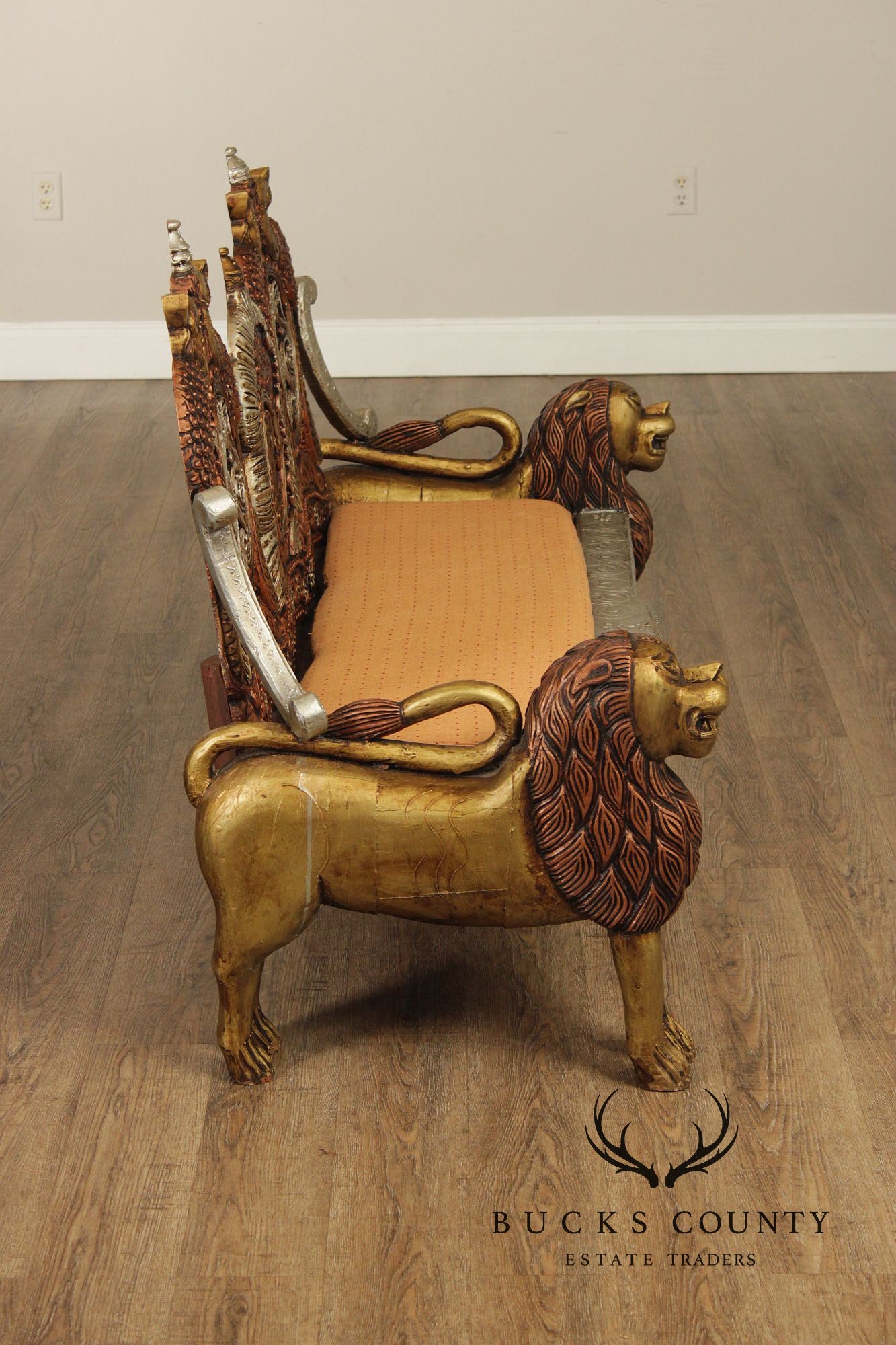Hand Carved Painted And Gilt Lion And Peacock Motif Settee