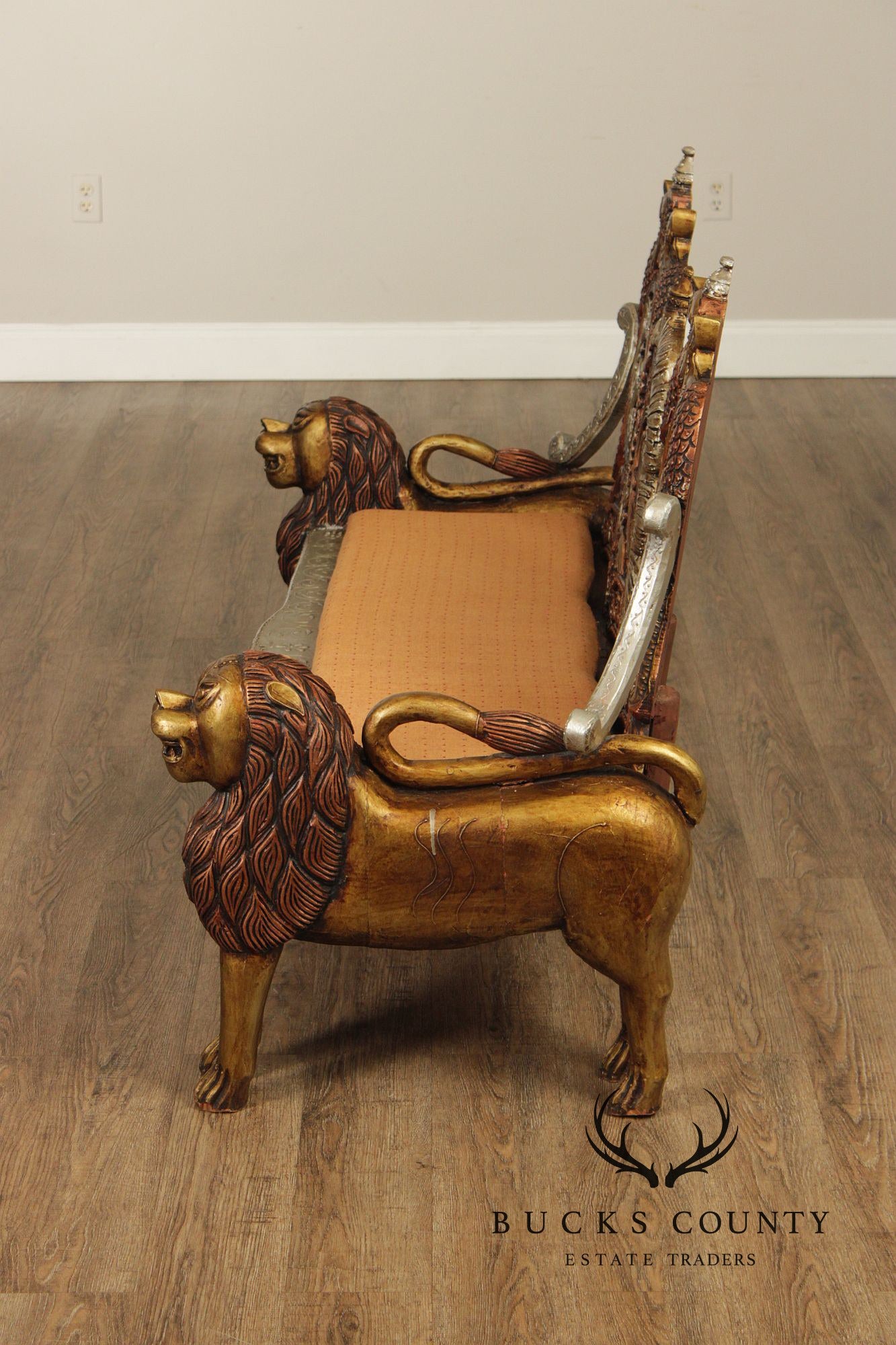 Hand Carved Painted And Gilt Lion And Peacock Motif Settee