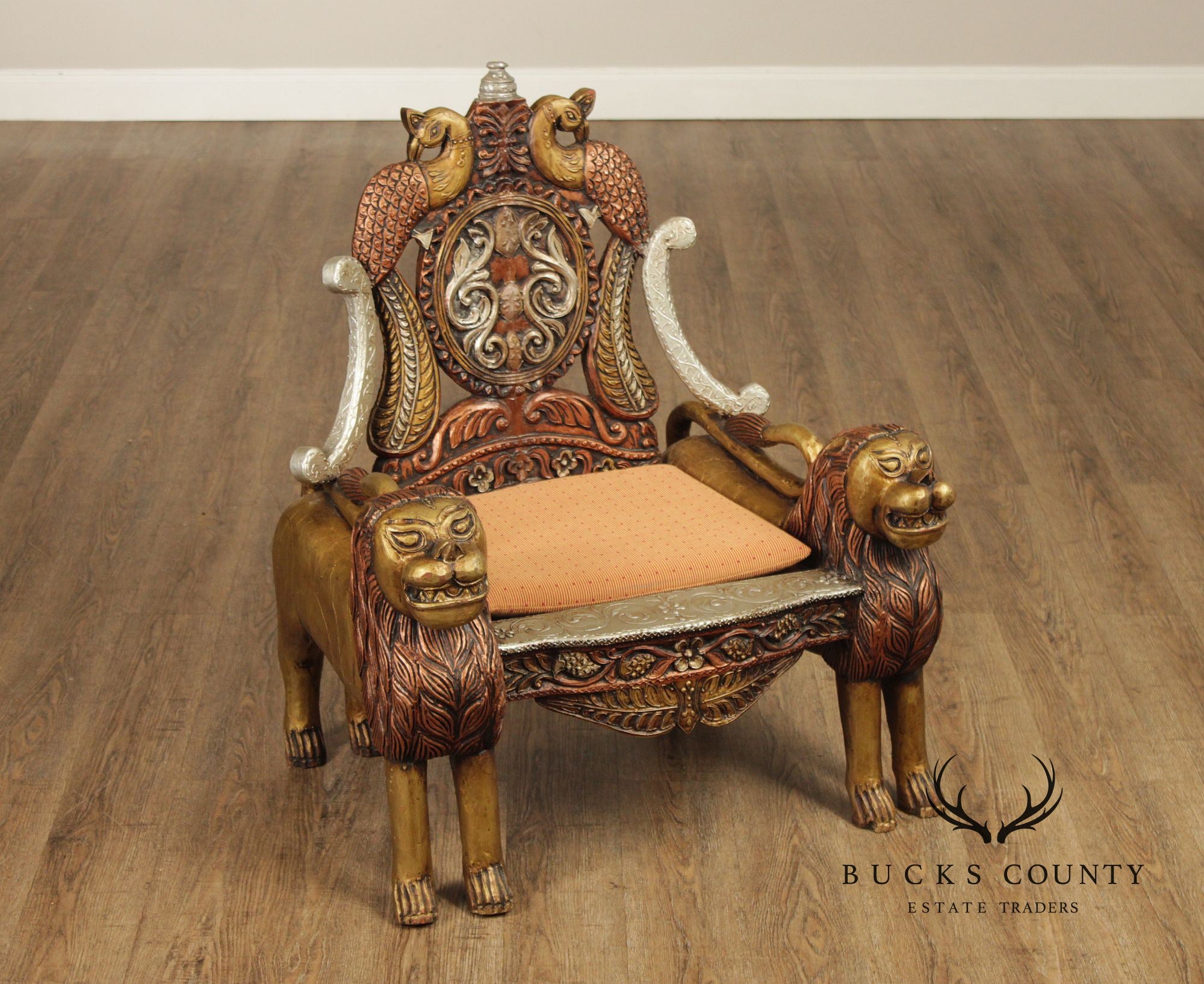 Hand Carved Painted And Gilt Lion And Peacock Motif Pair Of Throne Chairs