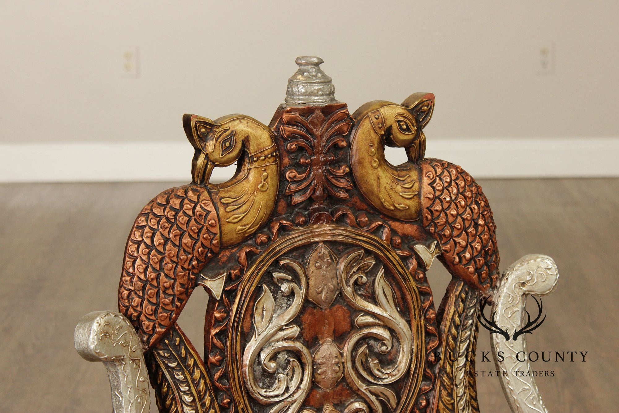 Hand Carved Painted And Gilt Lion And Peacock Motif Pair Of Throne Chairs