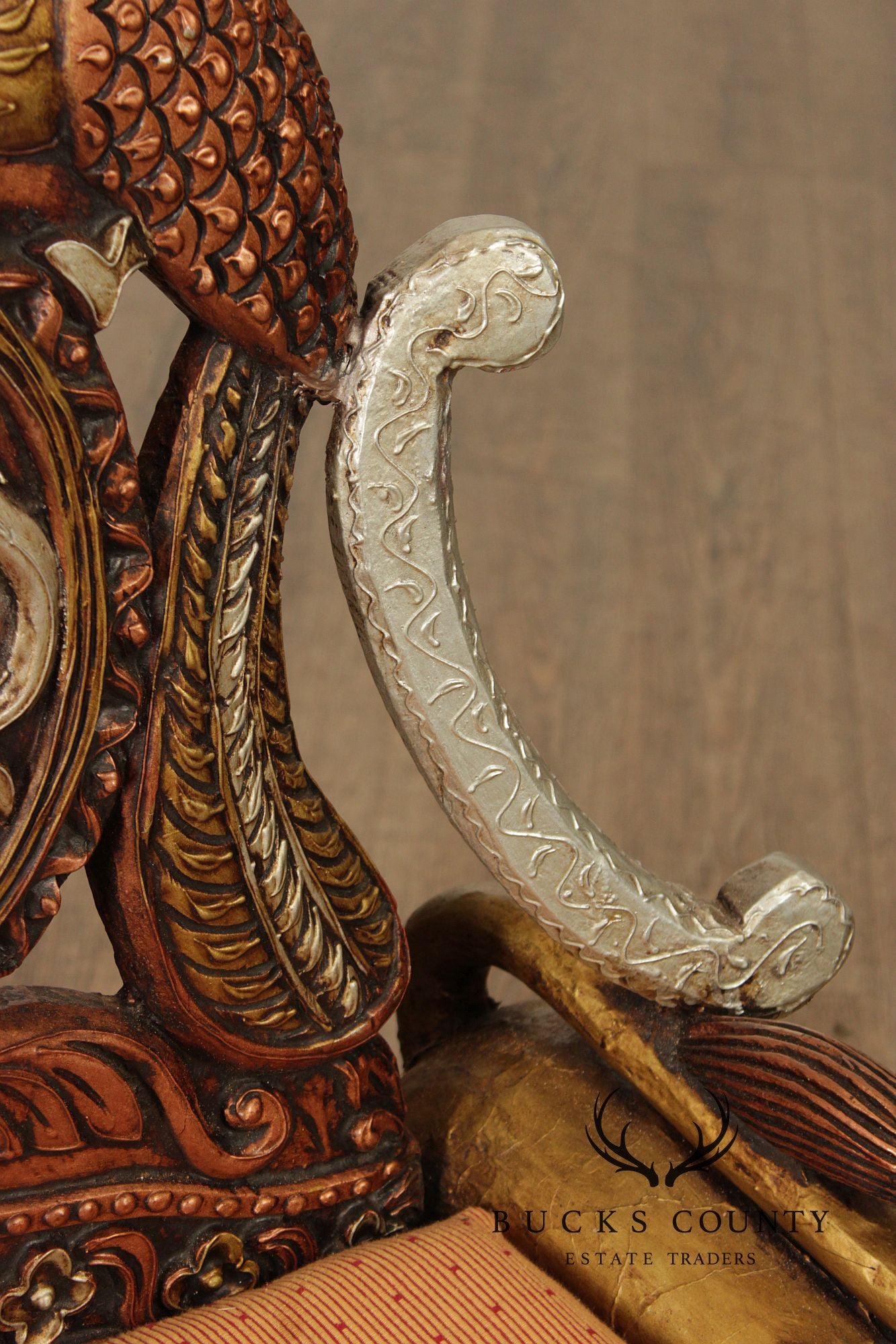 Hand Carved Painted And Gilt Lion And Peacock Motif Pair Of Throne Chairs