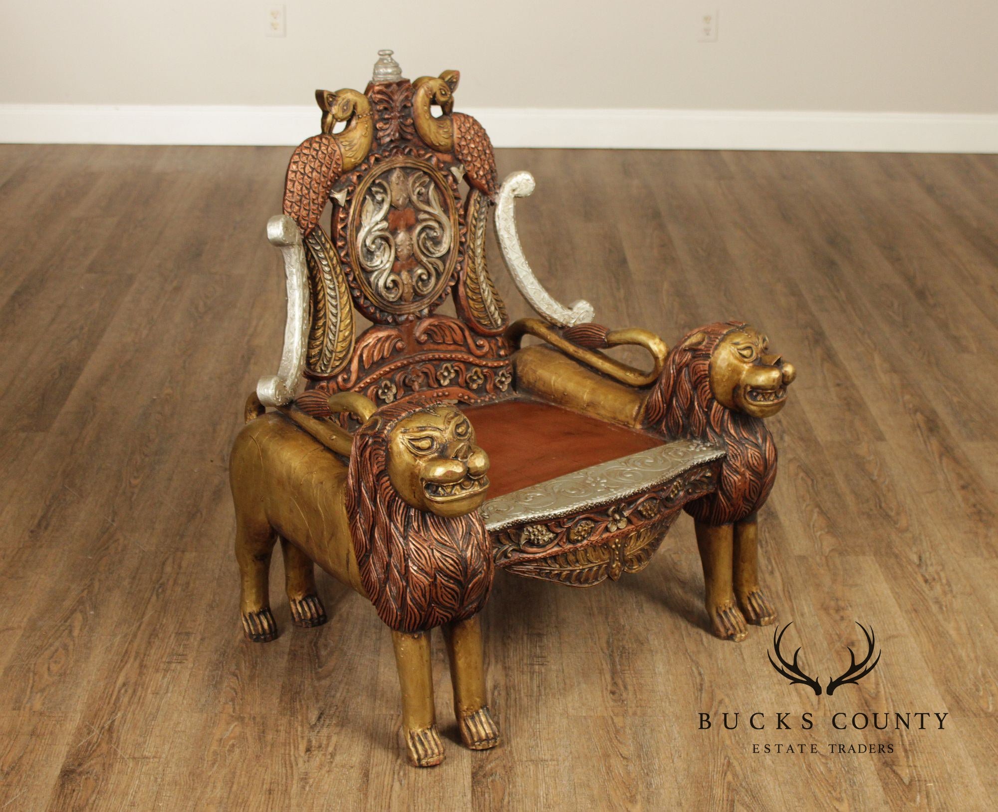 Hand Carved Painted And Gilt Lion And Peacock Motif Pair Of Throne Chairs