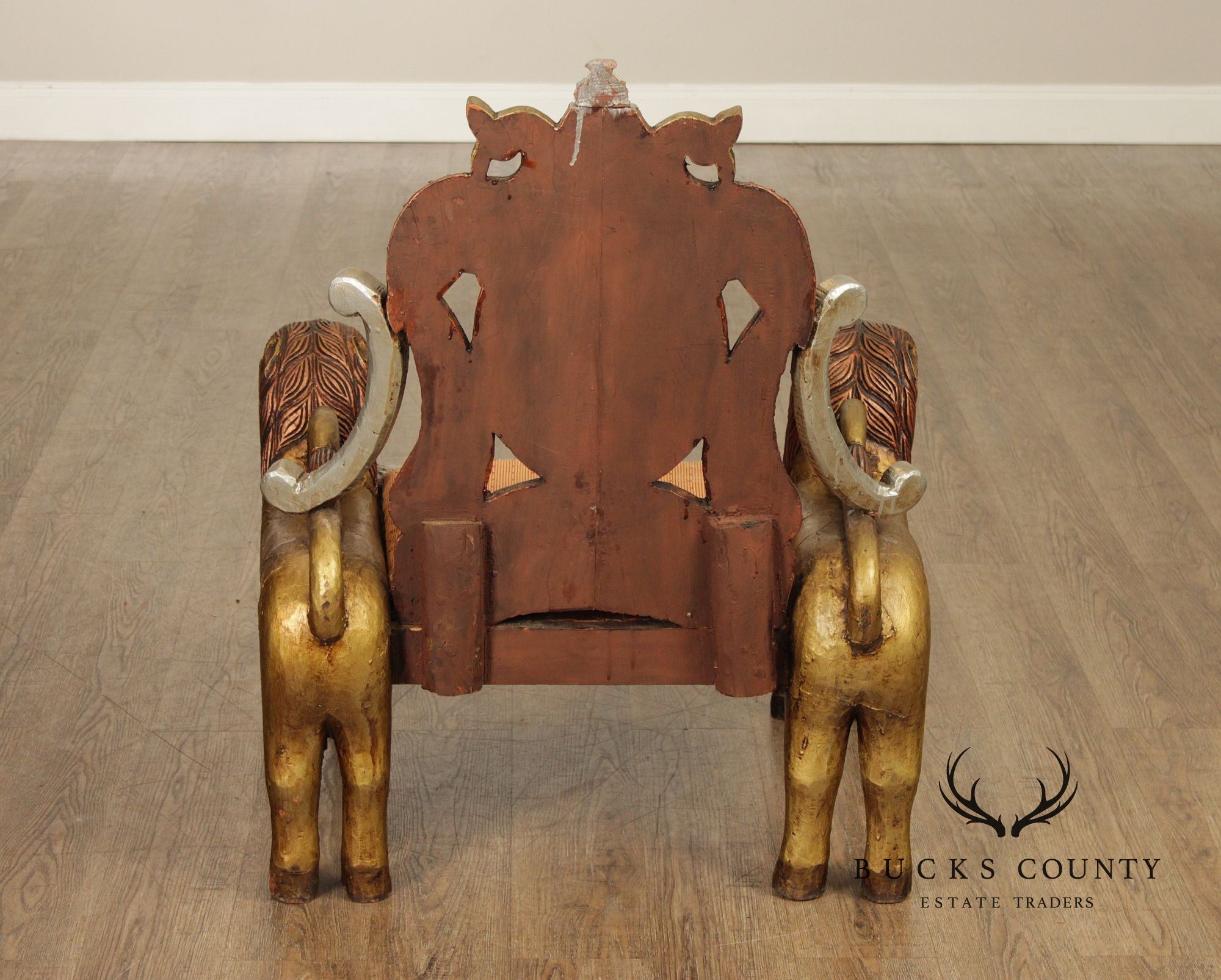 Hand Carved Painted And Gilt Lion And Peacock Motif Pair Of Throne Chairs