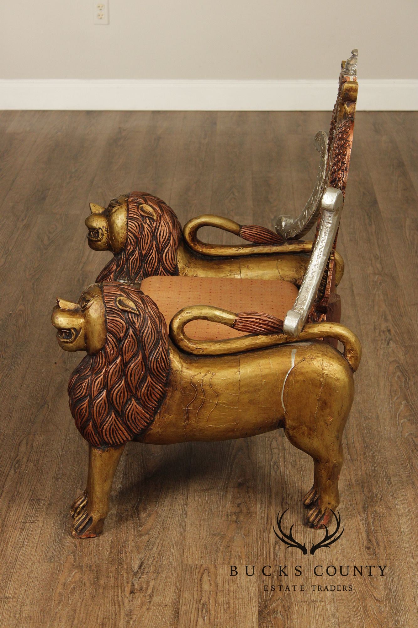 Hand Carved Painted And Gilt Lion And Peacock Motif Pair Of Throne Chairs