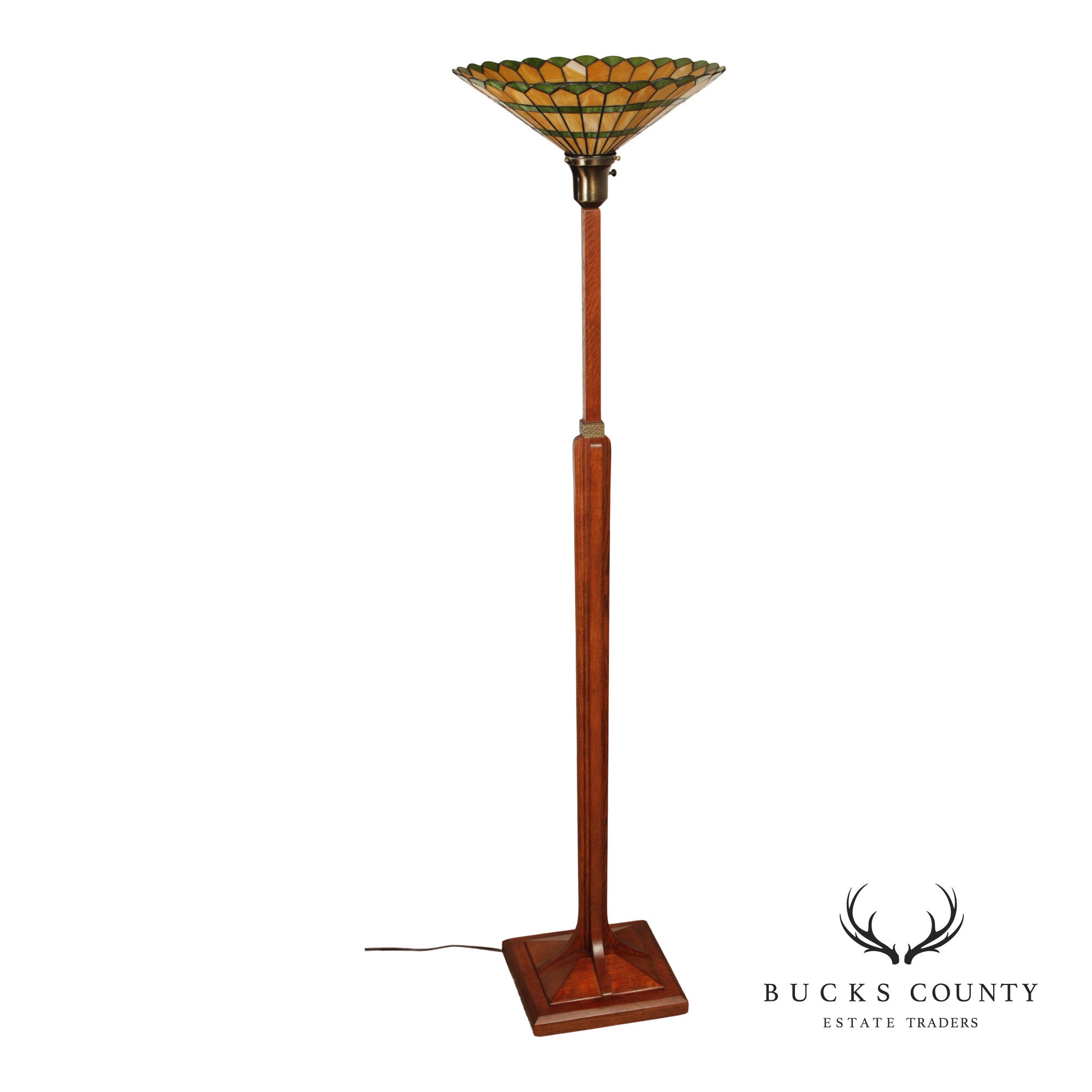 Stickley Mission Collection Oak Torchiere Floor Lamp With Art Glass Shade