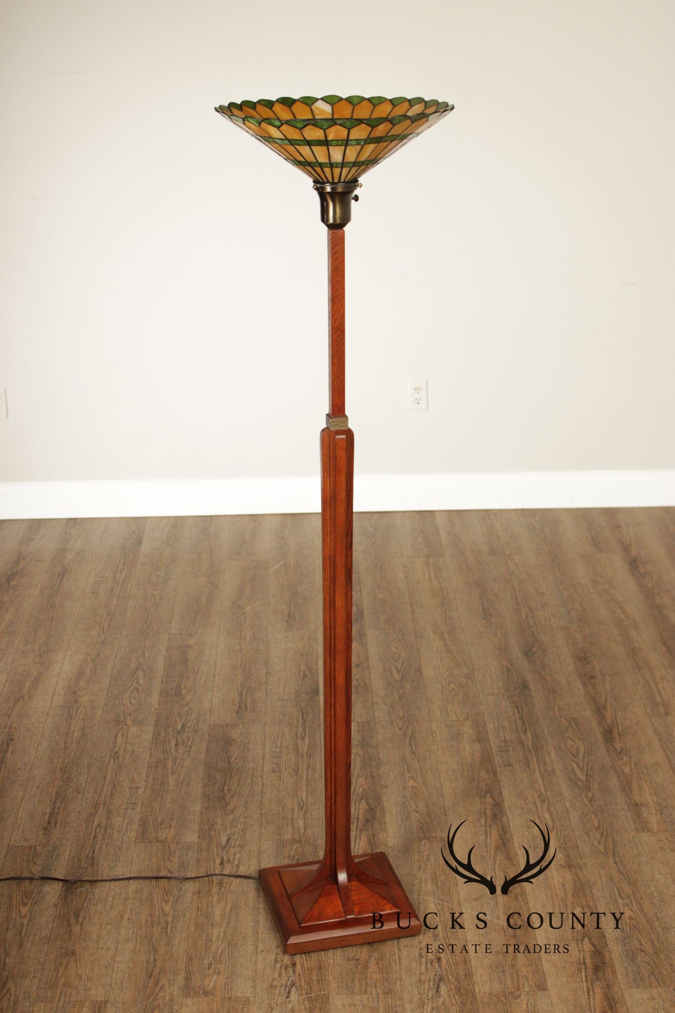 Stickley Mission Collection Oak Torchiere Floor Lamp With Art Glass Shade