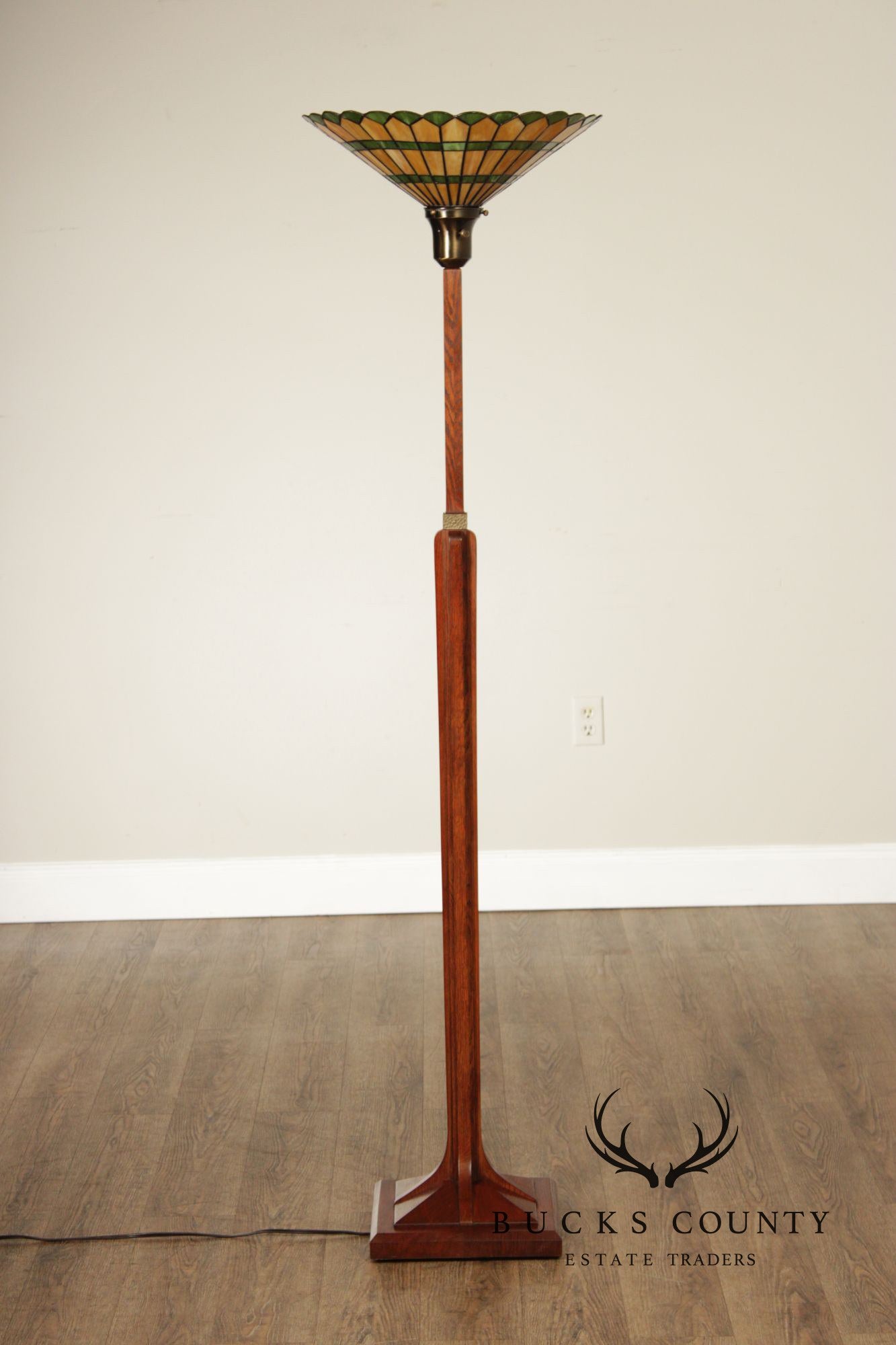 Stickley Mission Collection Oak Torchiere Floor Lamp With Art Glass Shade