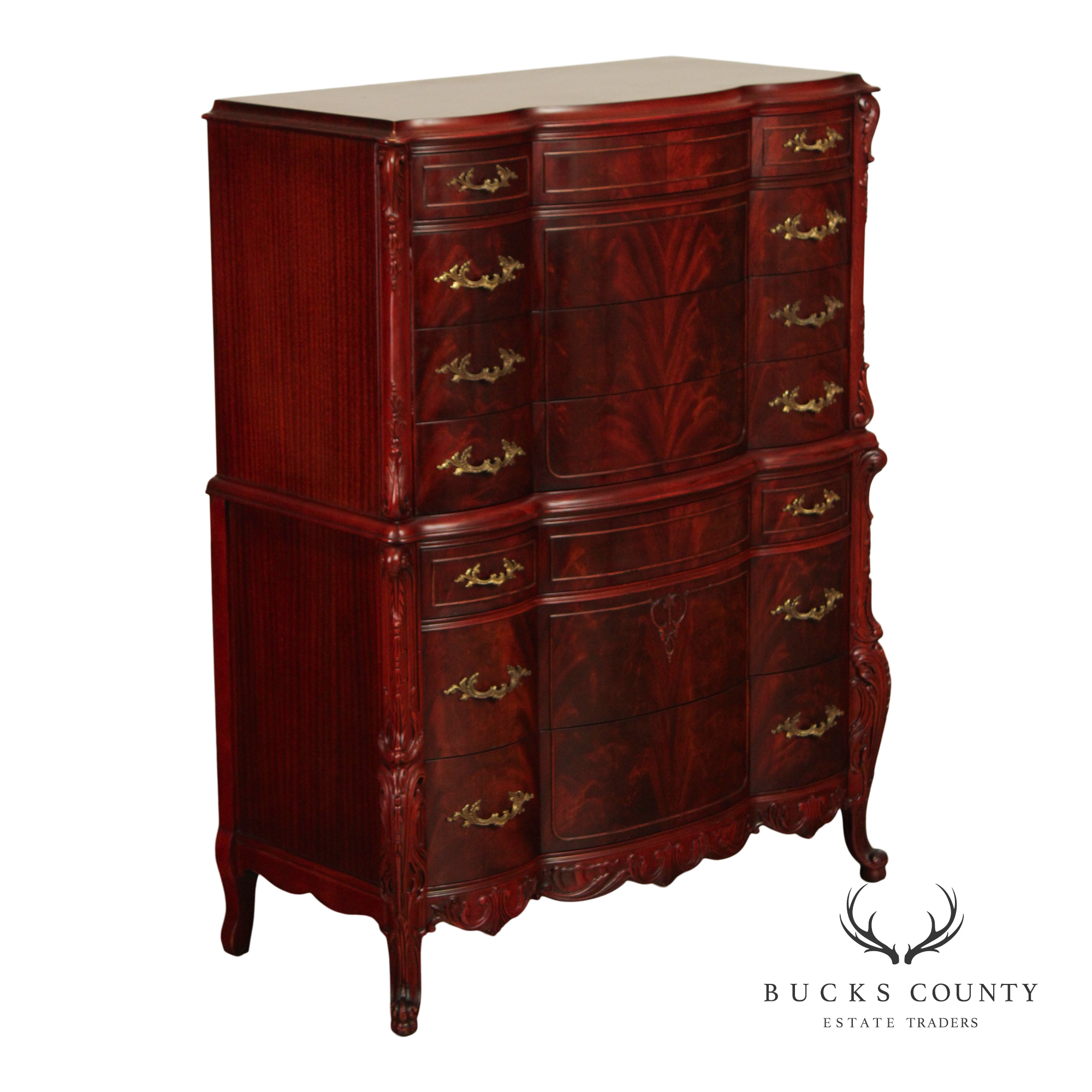 1940's French Louis XV Style Flame Mahogany Tall Chest