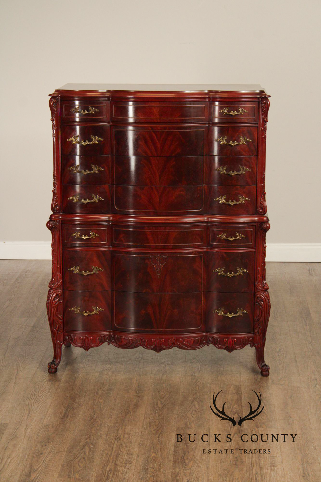 1940's French Louis XV Style Flame Mahogany Tall Chest