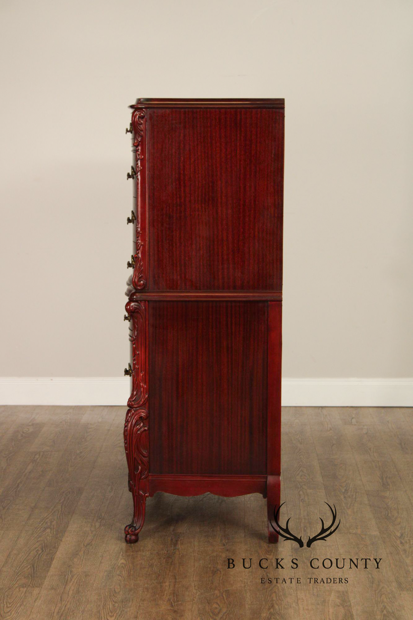 1940's French Louis XV Style Flame Mahogany Tall Chest