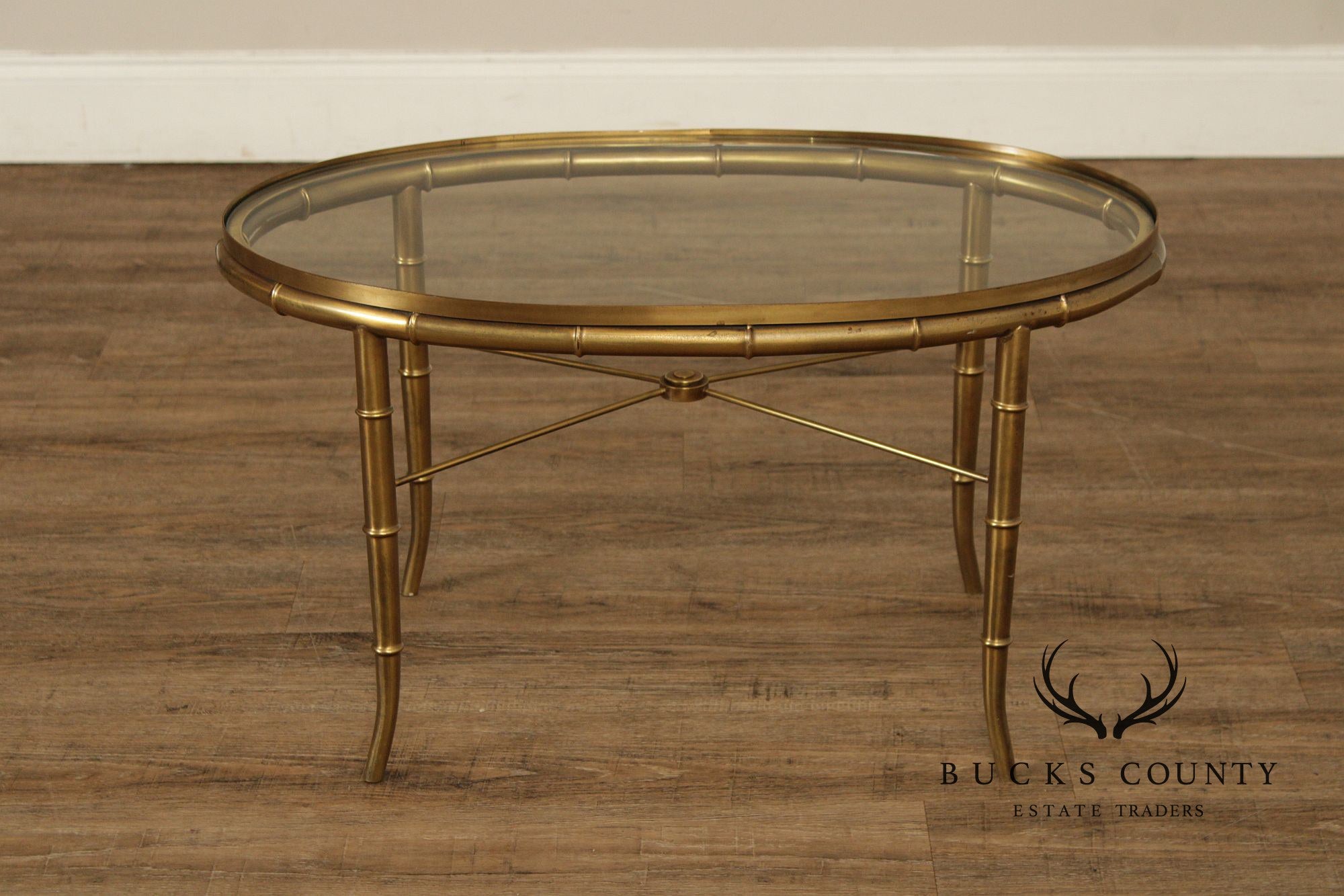 Mastercraft Italian Brass Faux Bamboo Oval Coffee Table With Glass Top