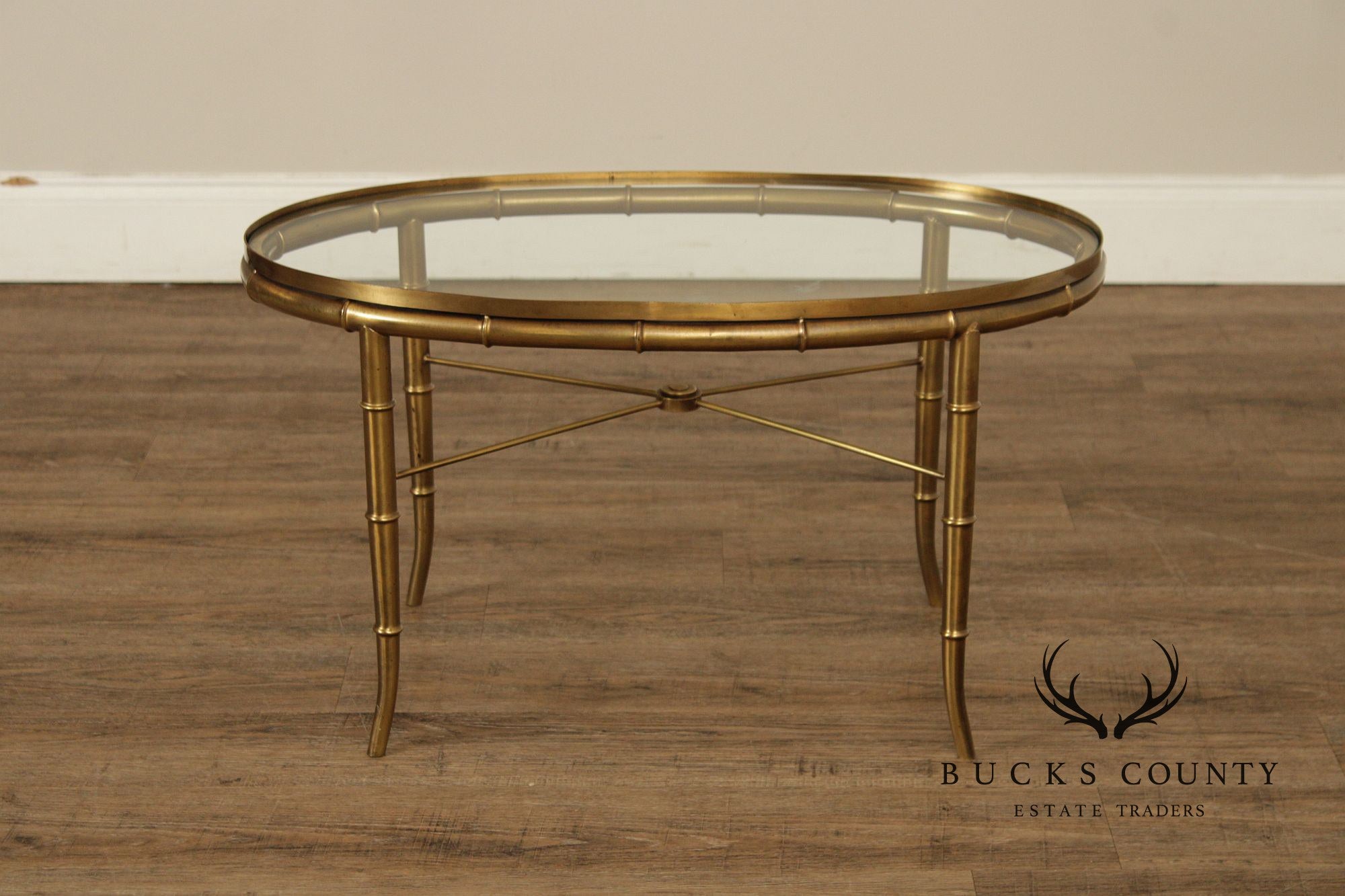 Mastercraft Italian Brass Faux Bamboo Oval Coffee Table With Glass Top
