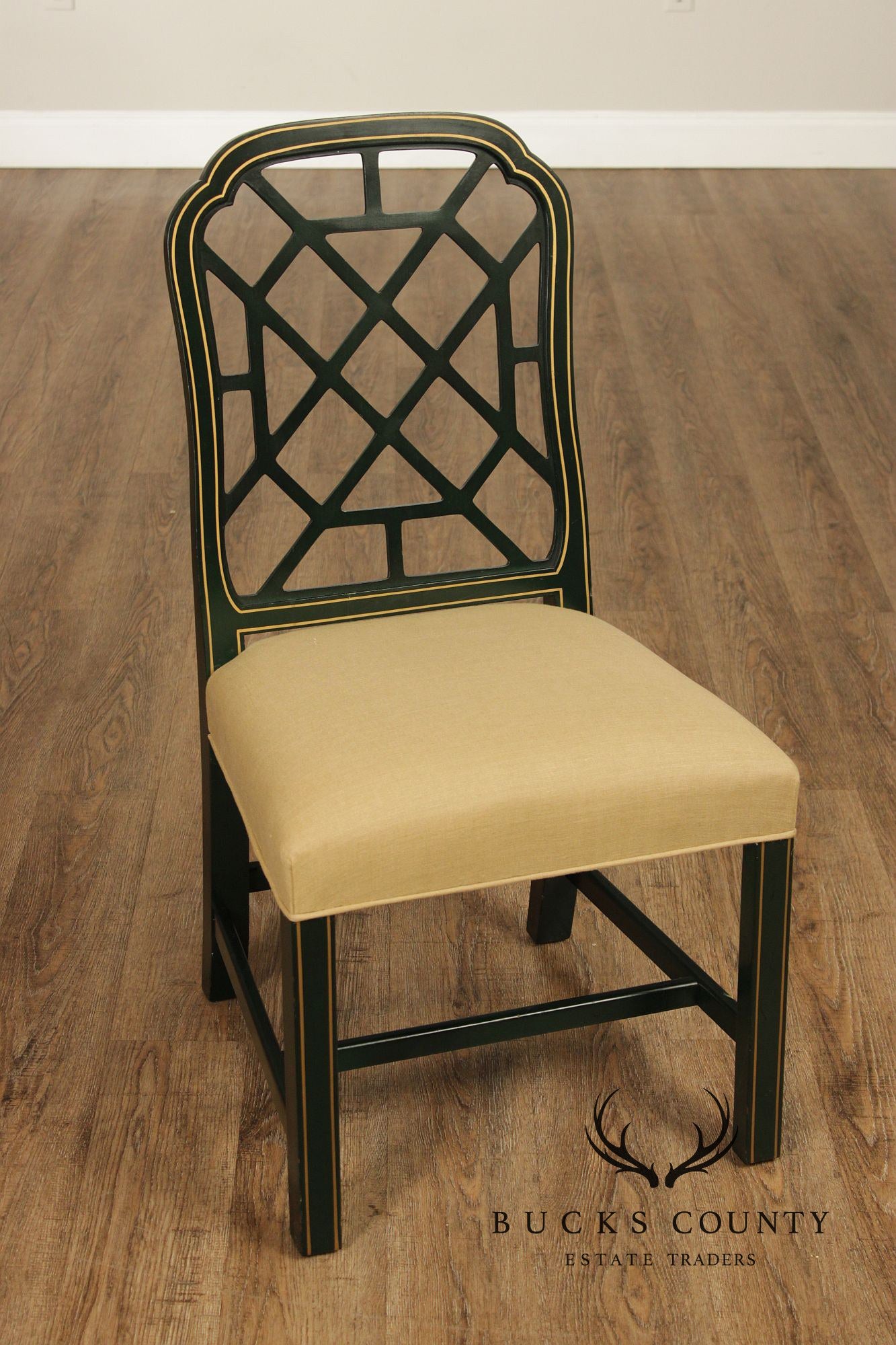 Chinese Chippendale Style Painted Lattice Back Set Of Six Dining Chairs