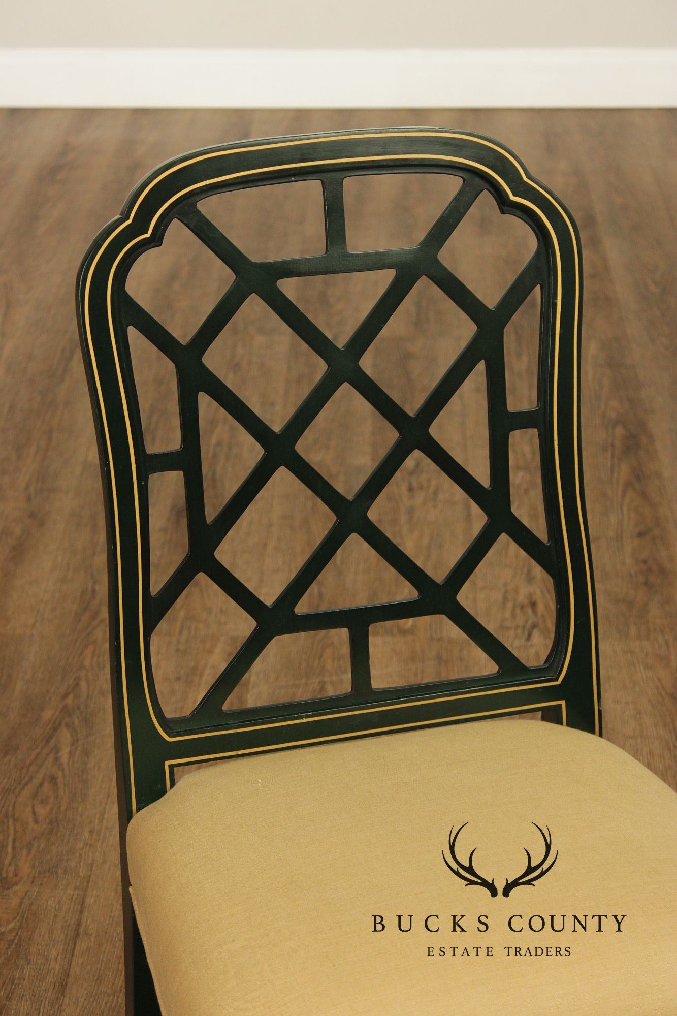 Chinese Chippendale Style Painted Lattice Back Set Of Six Dining Chairs