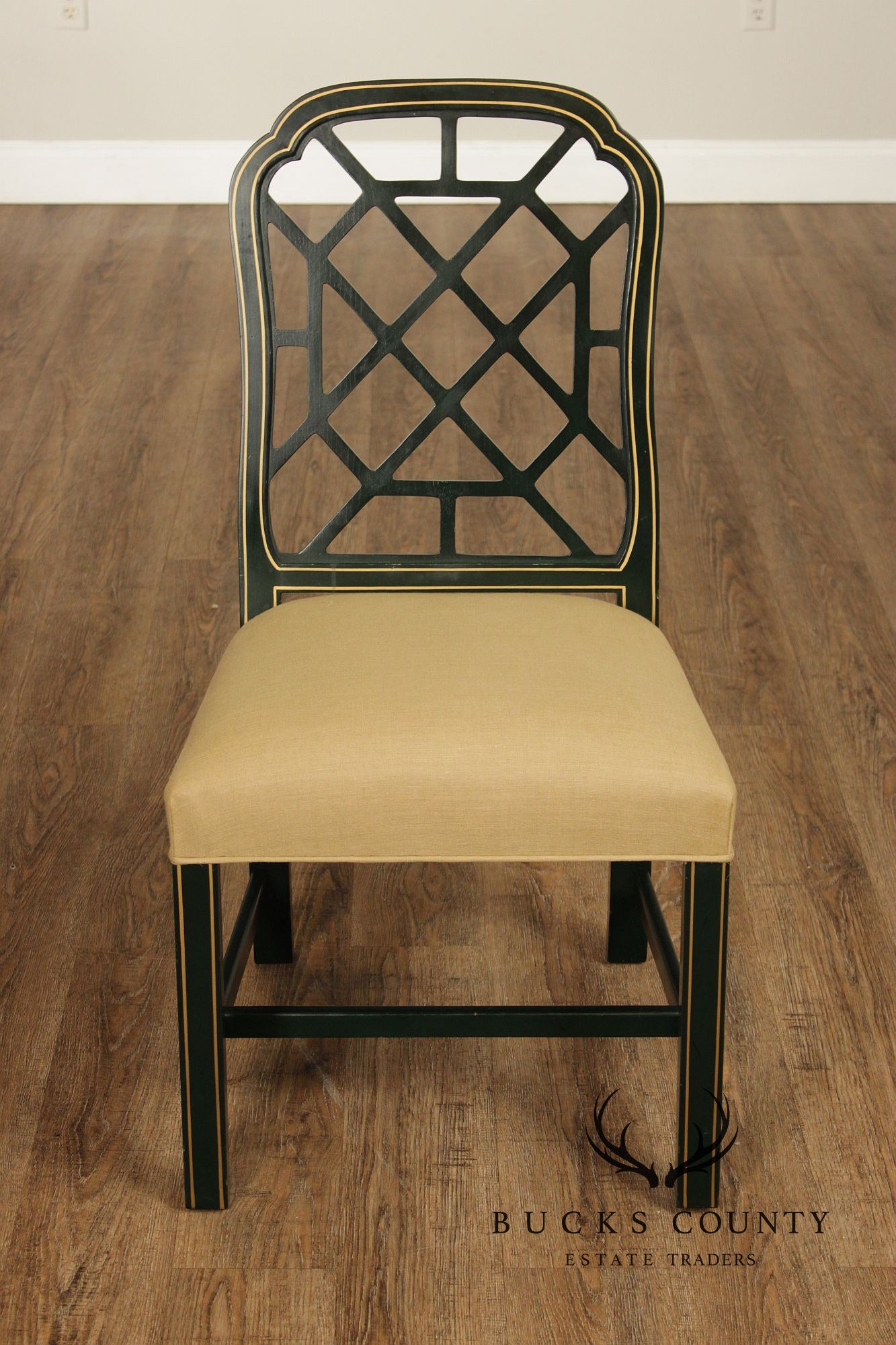 Chinese Chippendale Style Painted Lattice Back Set Of Six Dining Chairs