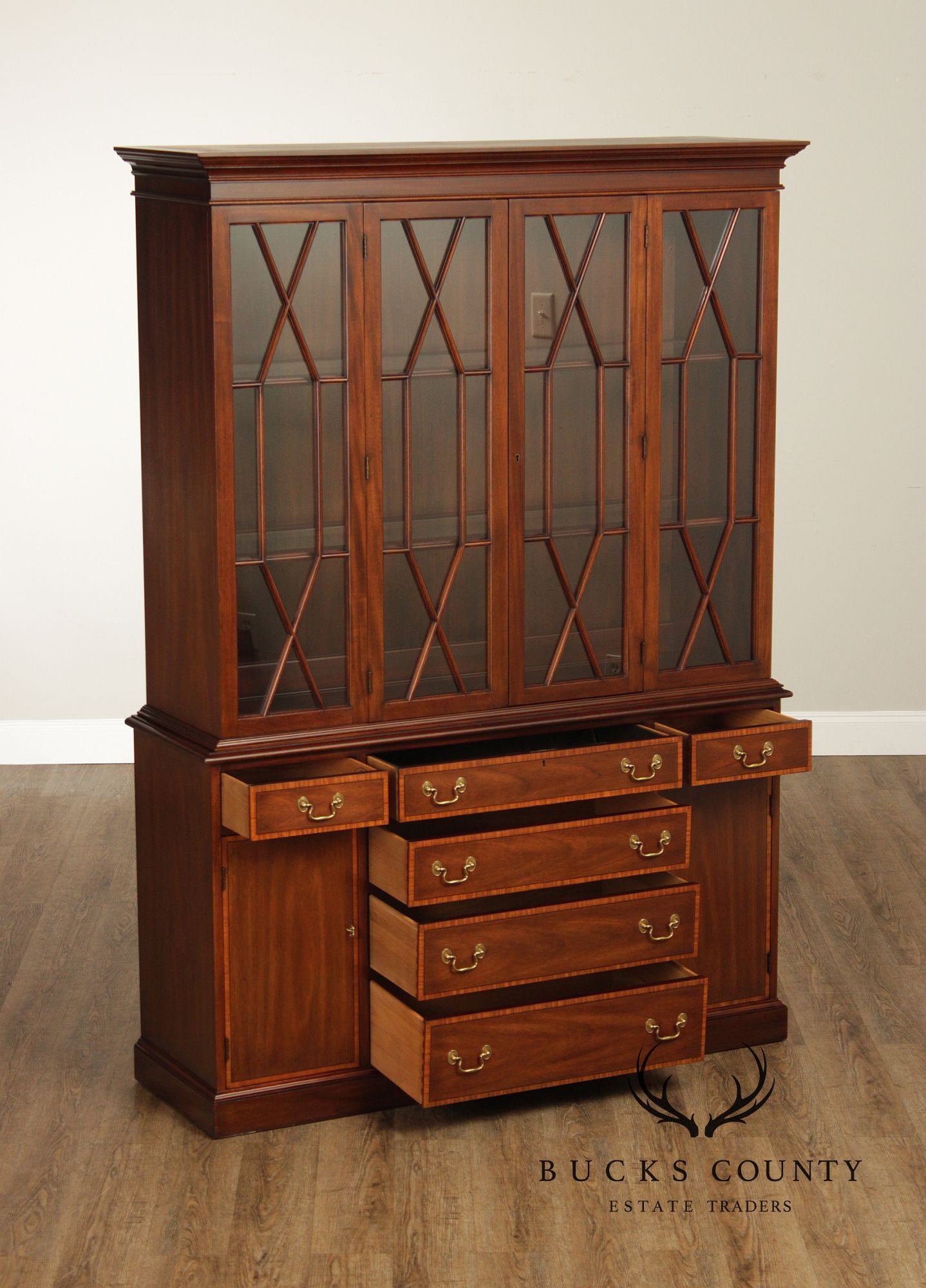 Henkel Harris Virginia Galleries Mahogany Inlaid Breakfront China Cabinet