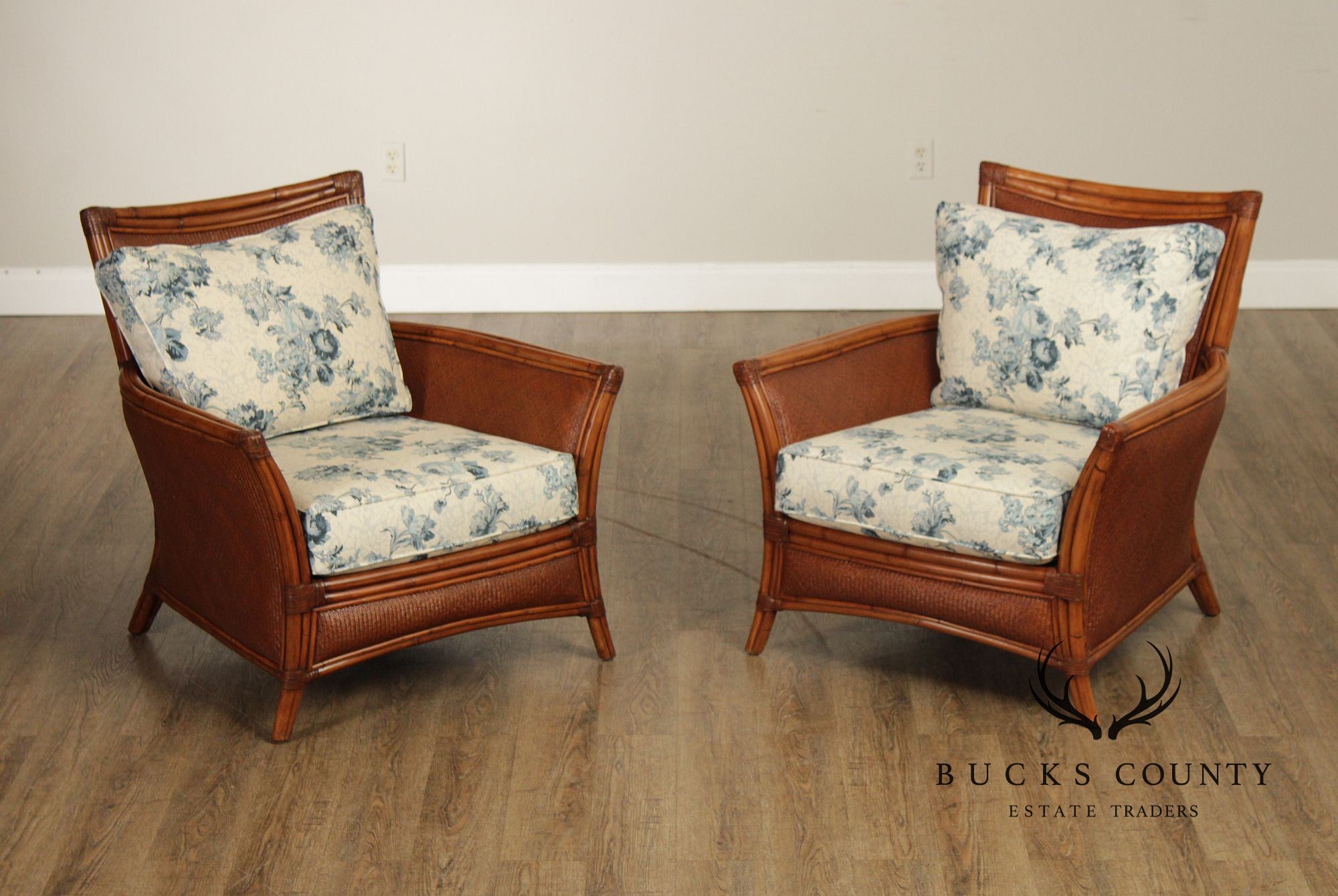 Ethan Allen Pair of Rattan Armchairs With Ottoman