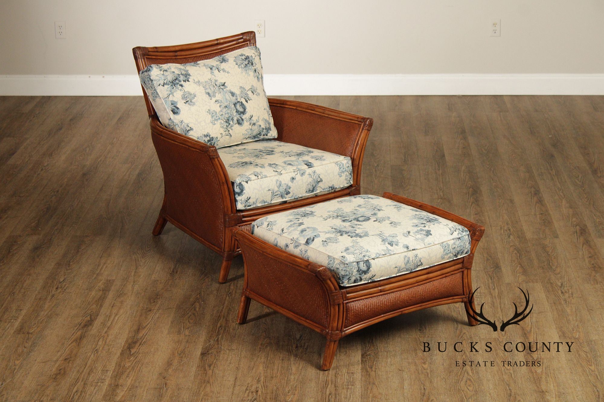 Ethan Allen Pair of Rattan Armchairs With Ottoman