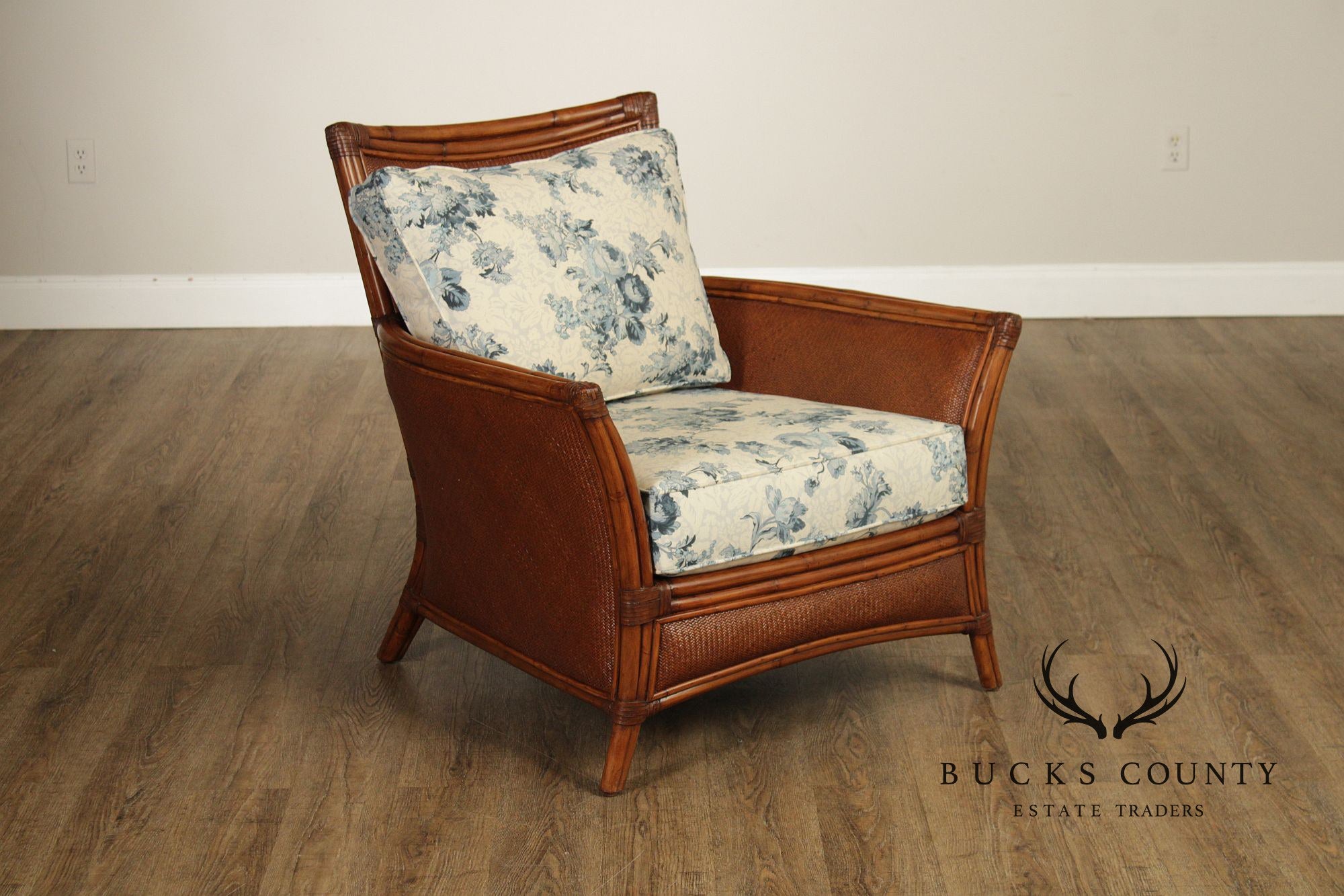 Ethan Allen Pair of Rattan Armchairs With Ottoman