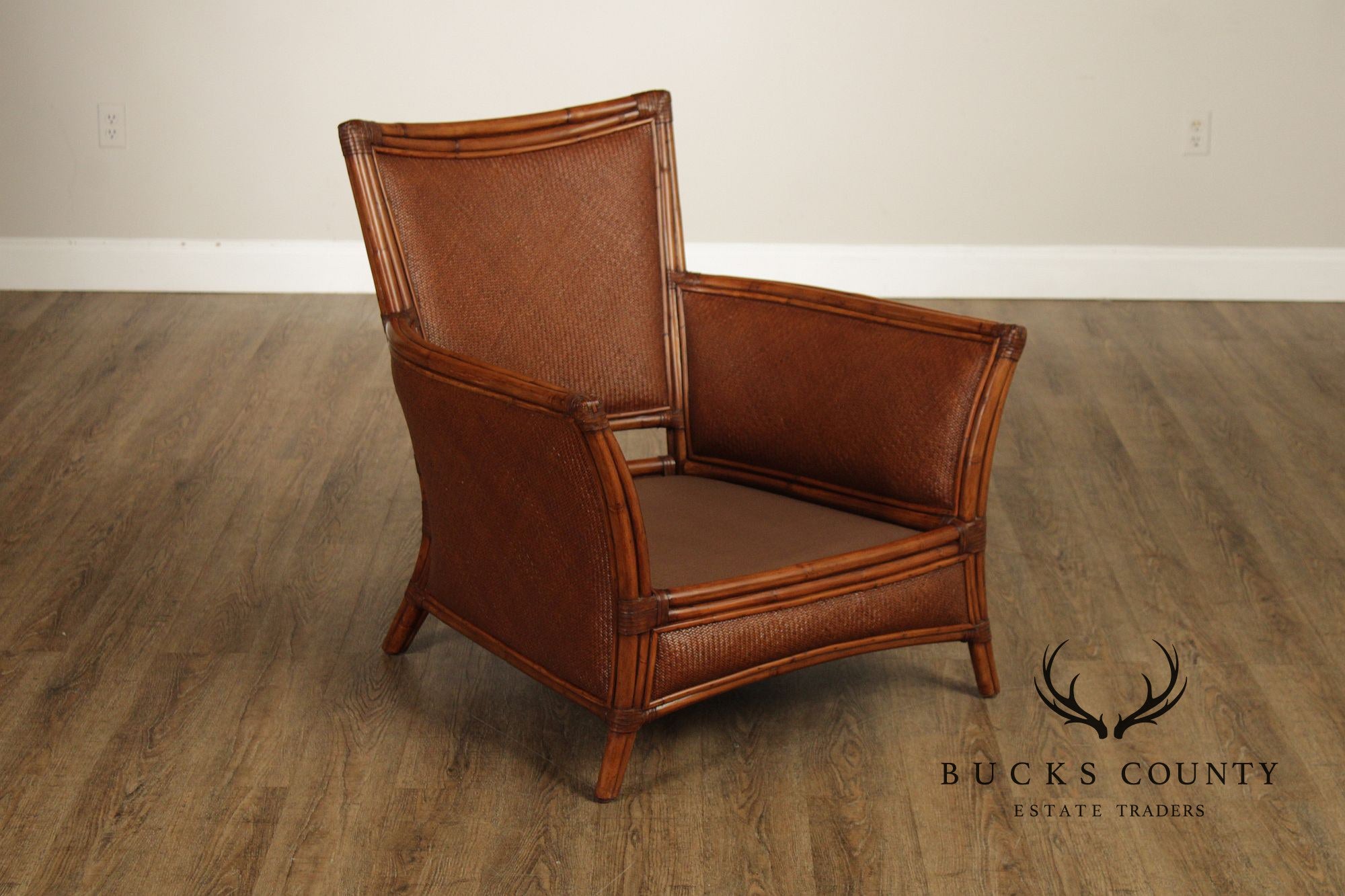 Ethan Allen Pair of Rattan Armchairs With Ottoman