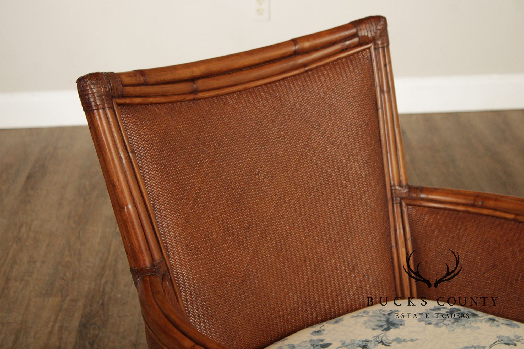 Ethan Allen Pair of Rattan Armchairs With Ottoman