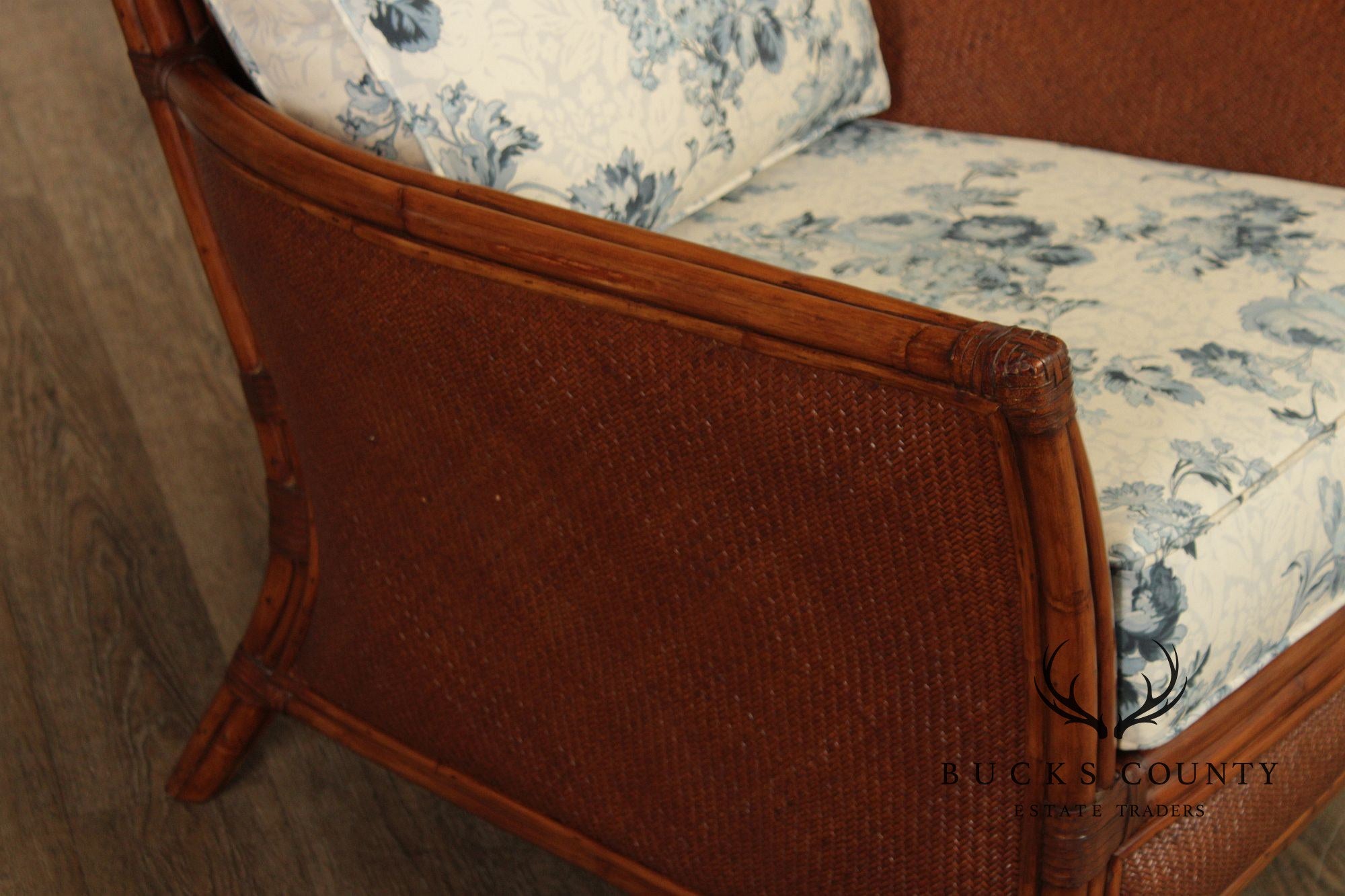 Ethan Allen Pair of Rattan Armchairs With Ottoman