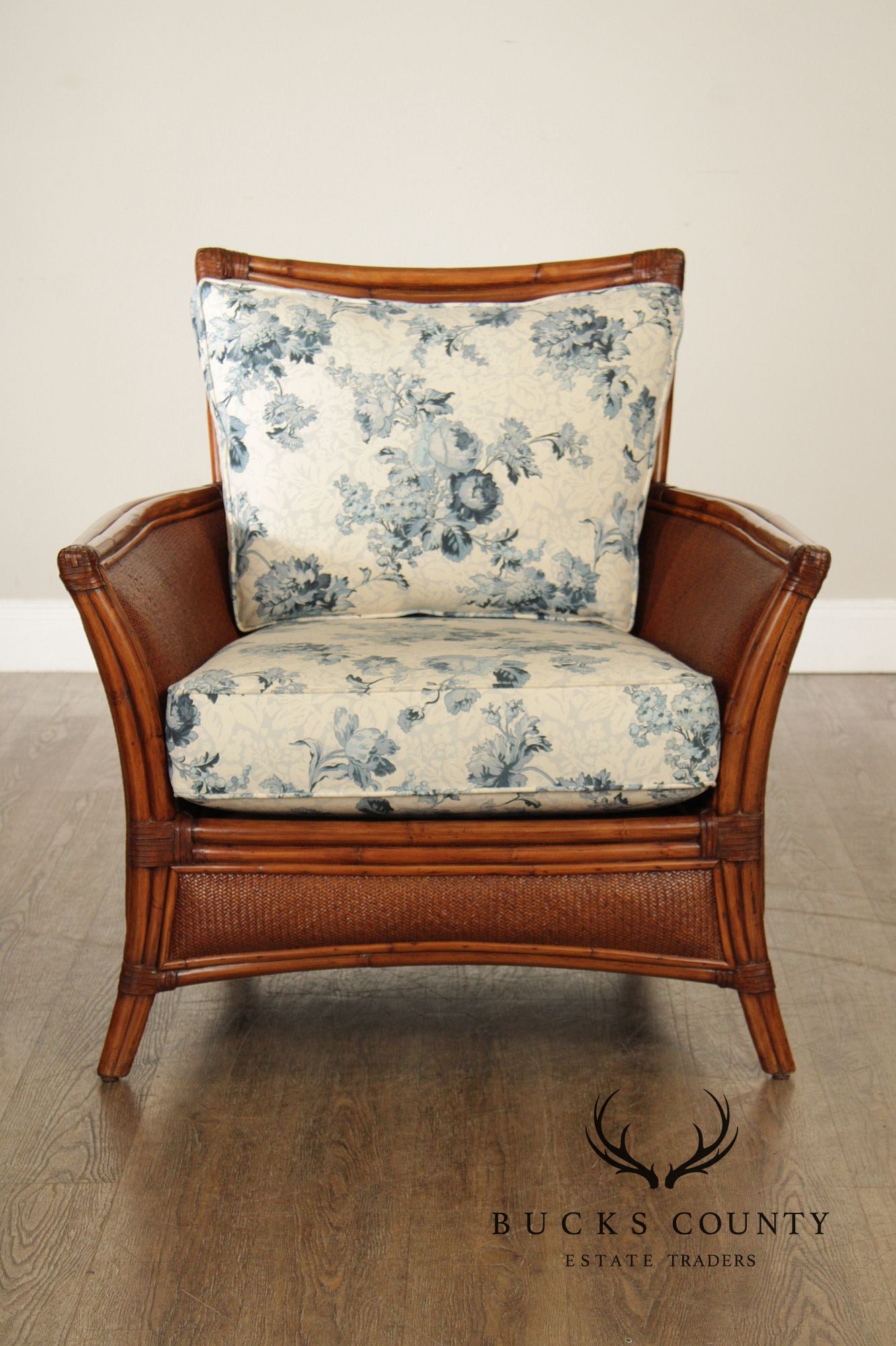 Ethan Allen Pair of Rattan Armchairs With Ottoman