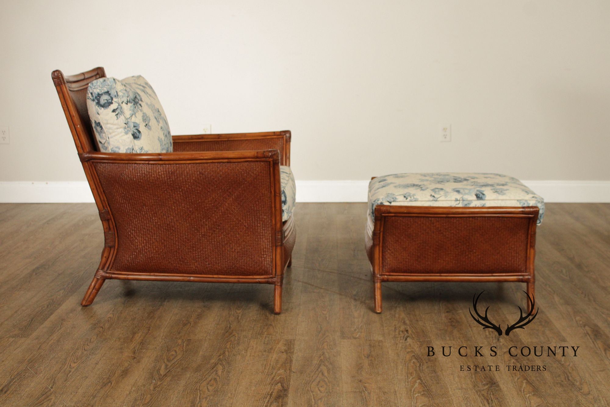 Ethan Allen Pair of Rattan Armchairs With Ottoman
