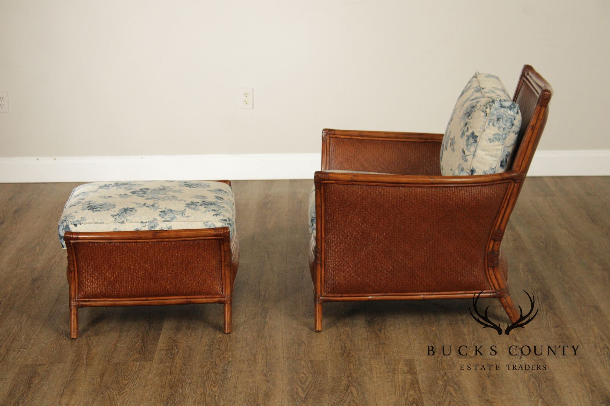 Ethan Allen Pair of Rattan Armchairs With Ottoman