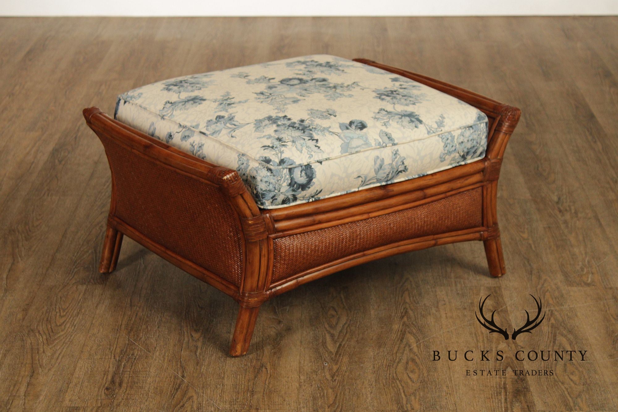 Ethan Allen Pair of Rattan Armchairs With Ottoman