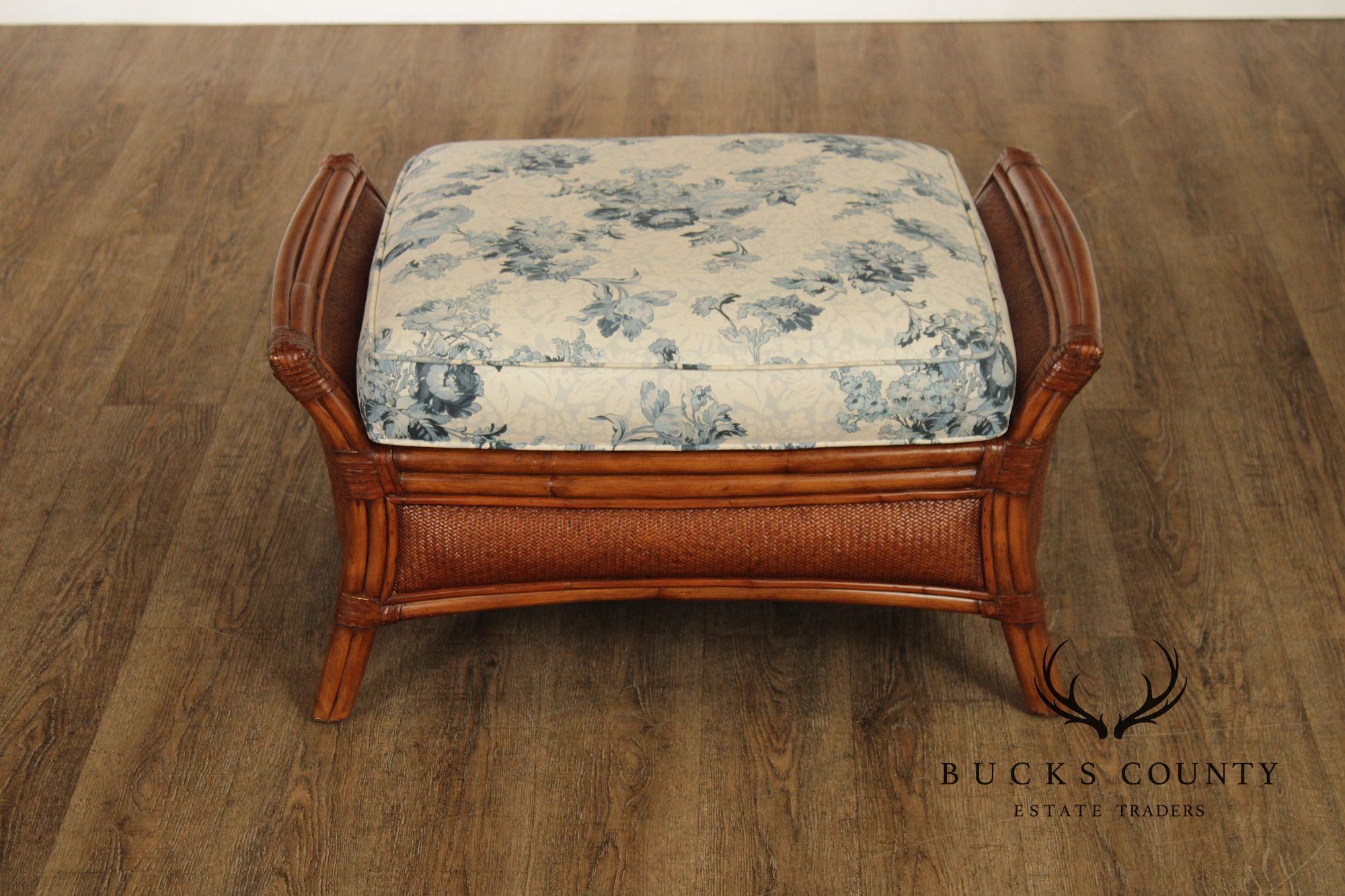 Ethan Allen Pair of Rattan Armchairs With Ottoman