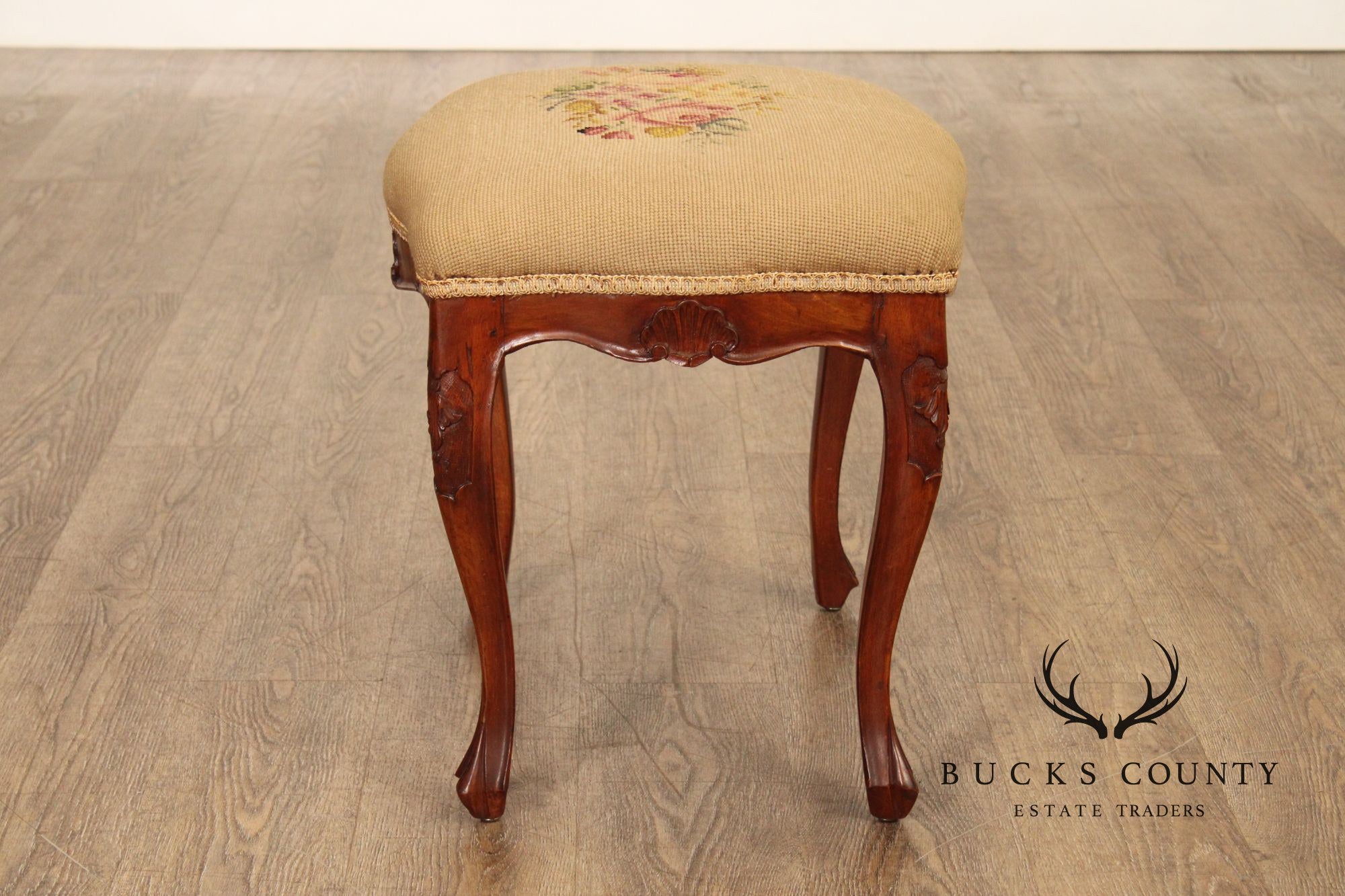 French Louis XV Style Antique Walnut Needlepoint Footstool