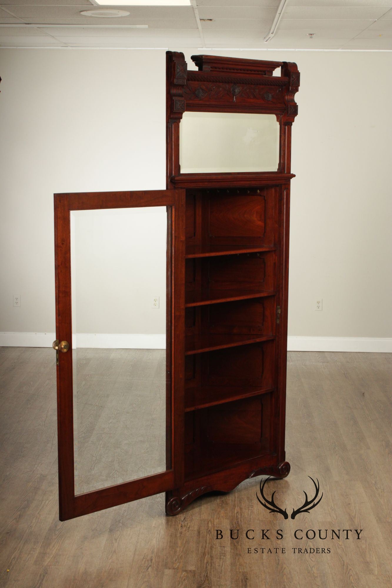 Antique Victorian Carved Walnut Corner Cabinet With Mirrored Transom