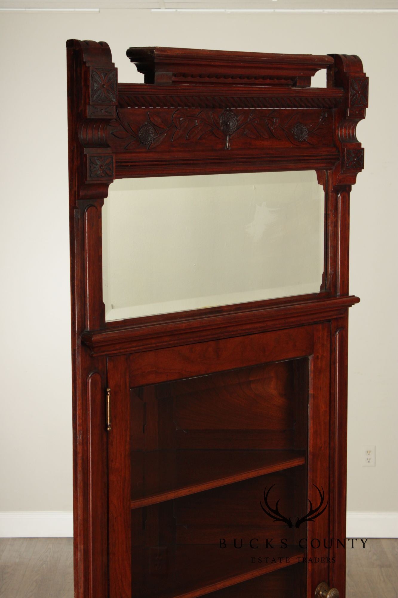 Antique Victorian Carved Walnut Corner Cabinet With Mirrored Transom