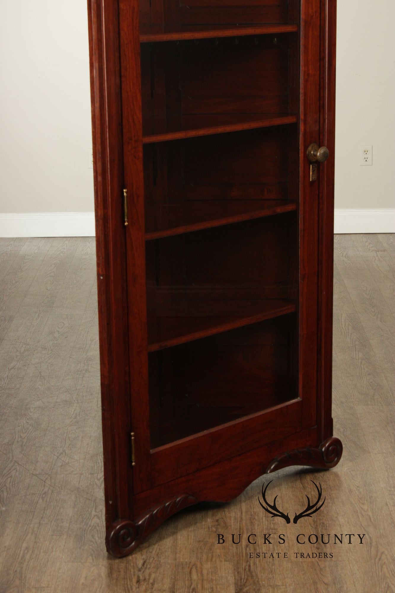 Antique Victorian Carved Walnut Corner Cabinet With Mirrored Transom