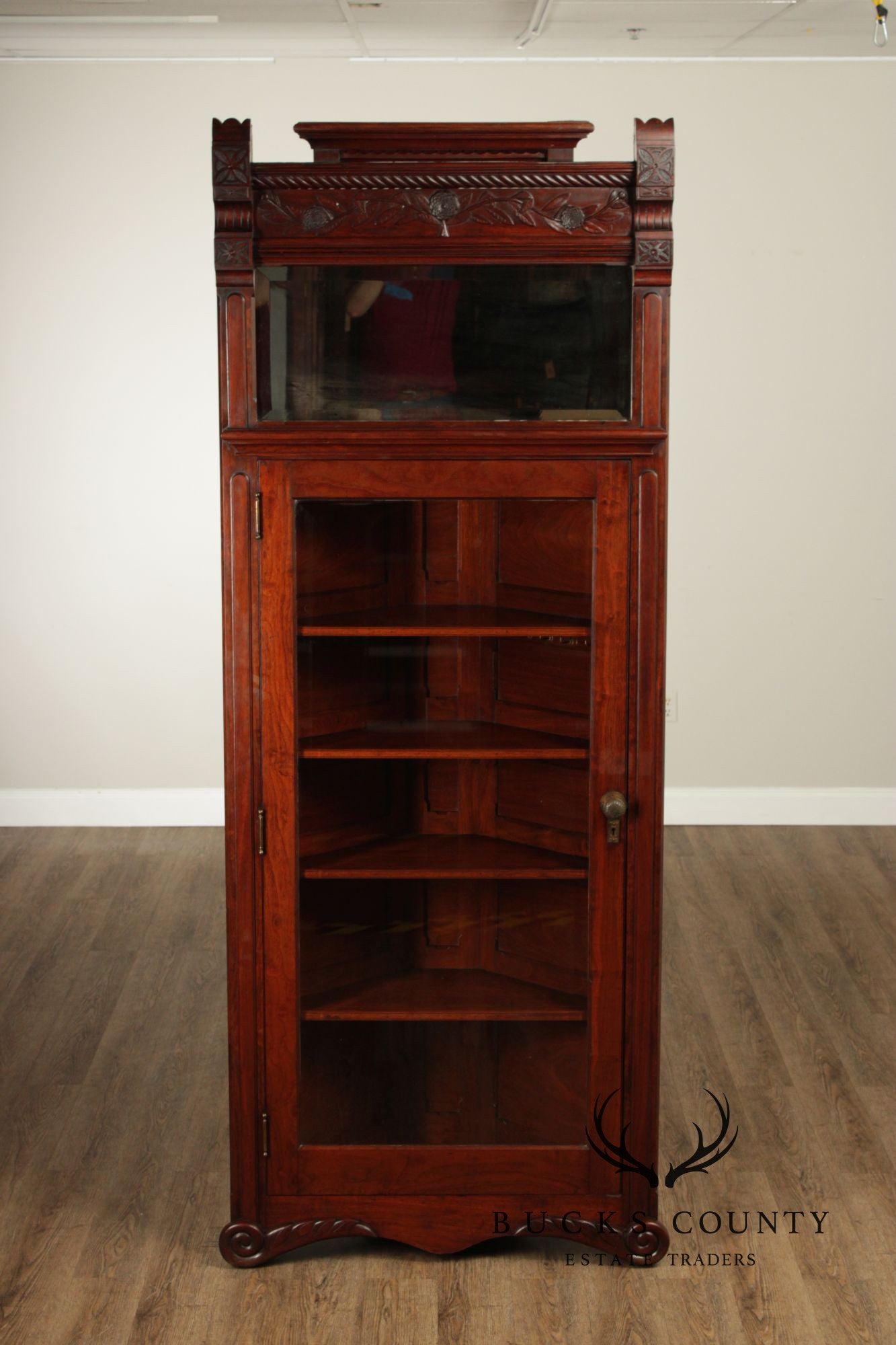 Antique Victorian Carved Walnut Corner Cabinet With Mirrored Transom