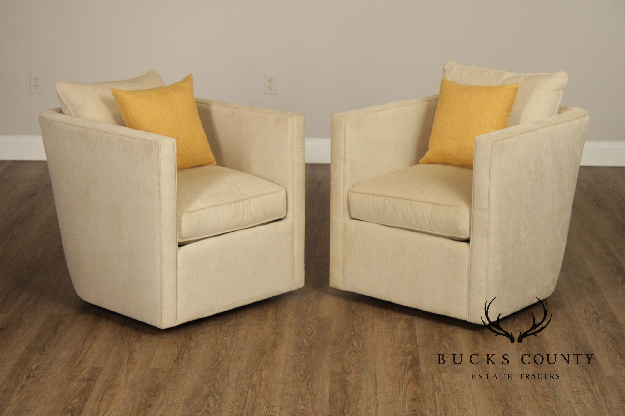 Contemporary American Made Robin Bruce "Rothko" Pair Of Upholstered Swivel Lounge Chairs