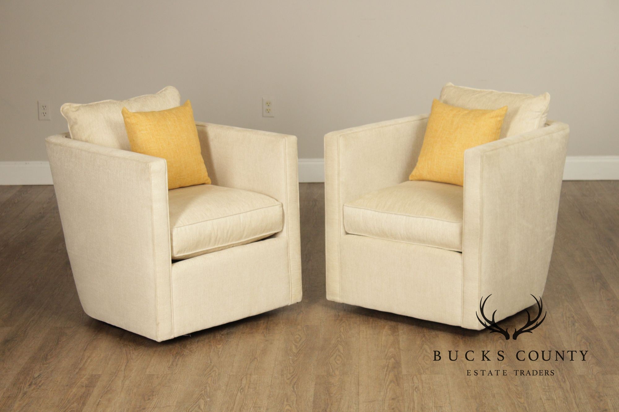 Contemporary American Made Robin Bruce "Rothko" Pair Of Upholstered Swivel Lounge Chairs