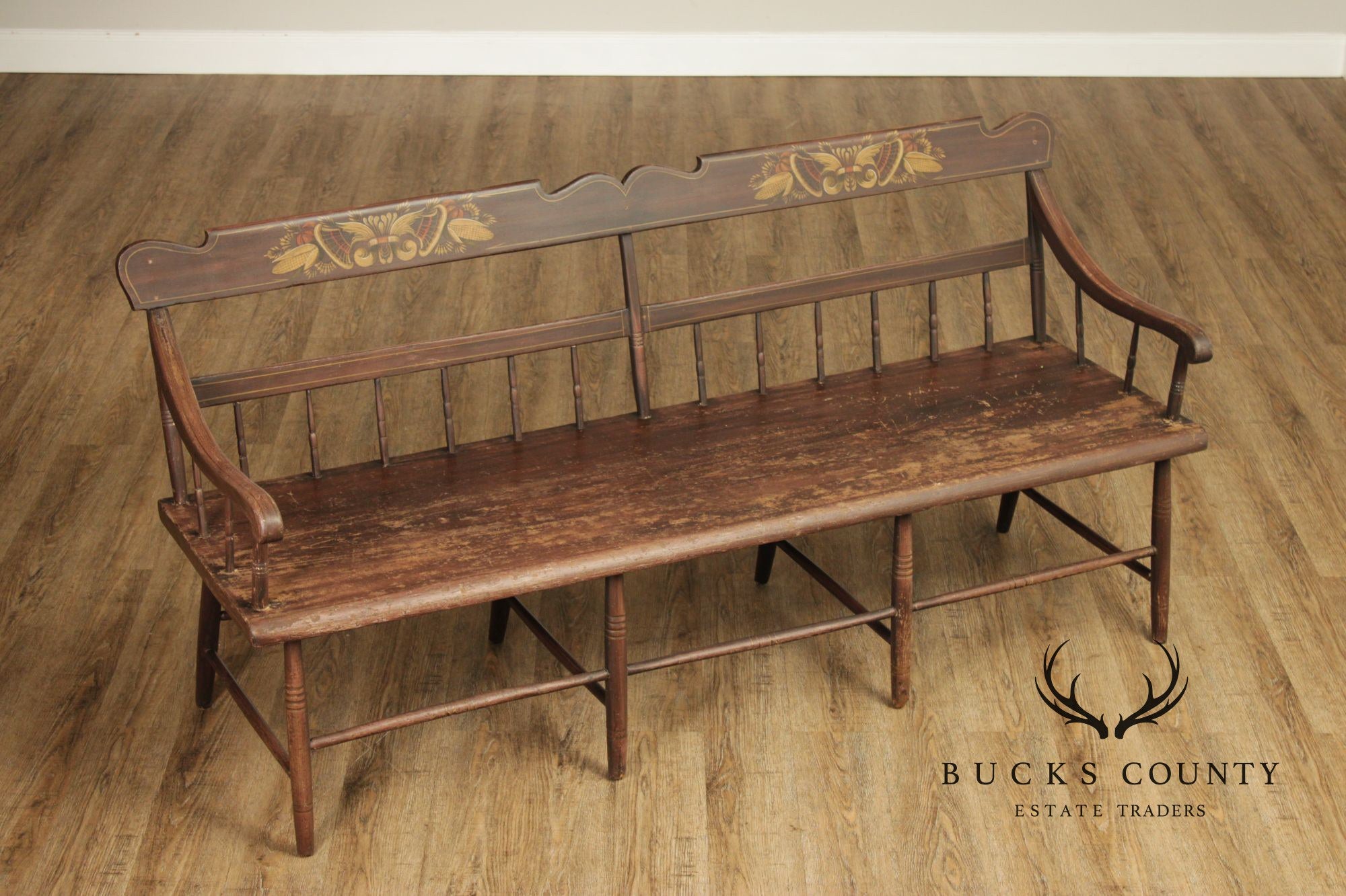 Antique Paint Decorated Long Deacon Hall Bench