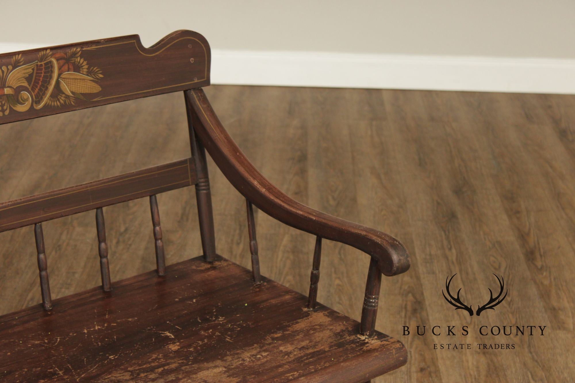 Antique Paint Decorated Long Deacon Hall Bench